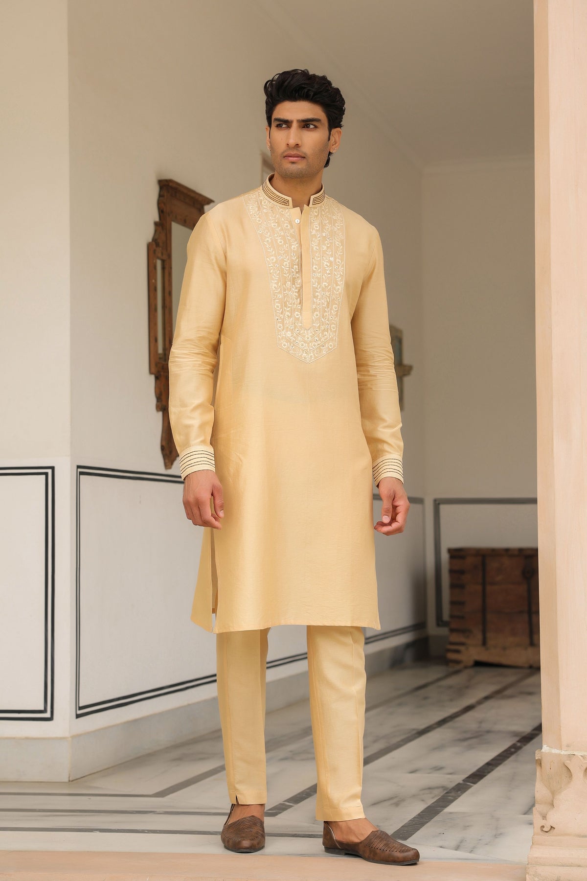 Gulzar Beige Floral Embroidered Bandi Set