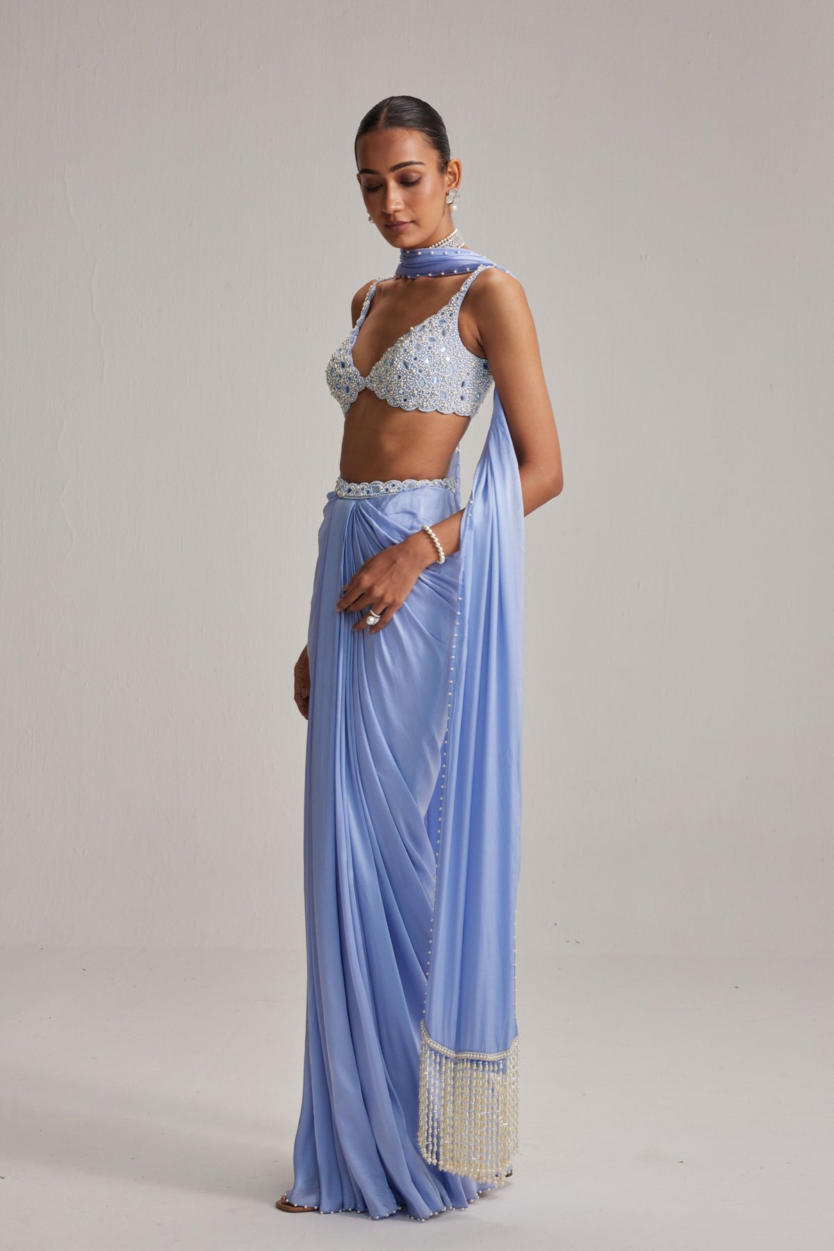 Dew Blue Satin Draped Skirt Set