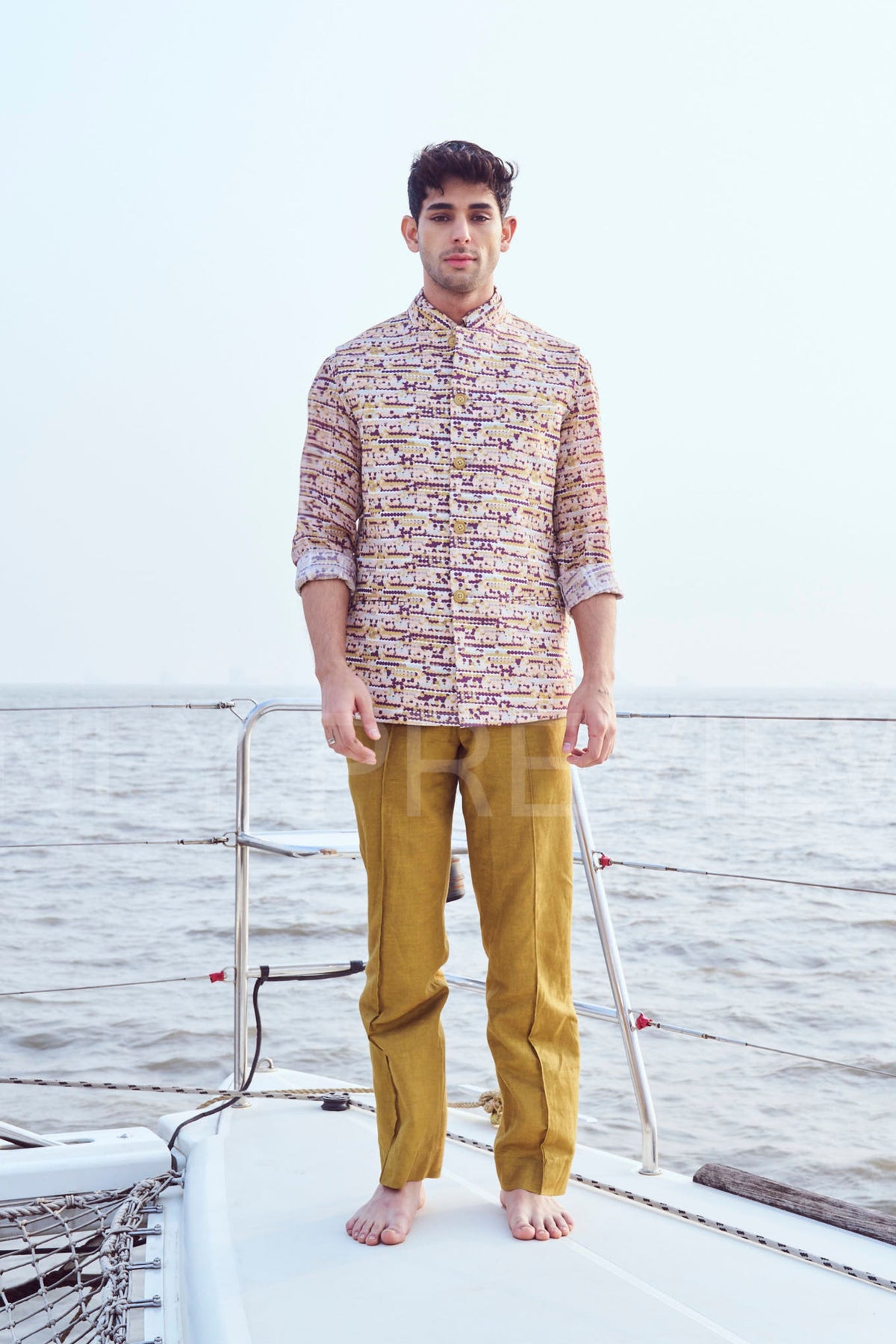Sequin Printed Bundi With Printed Shirt &amp; Straight Pants