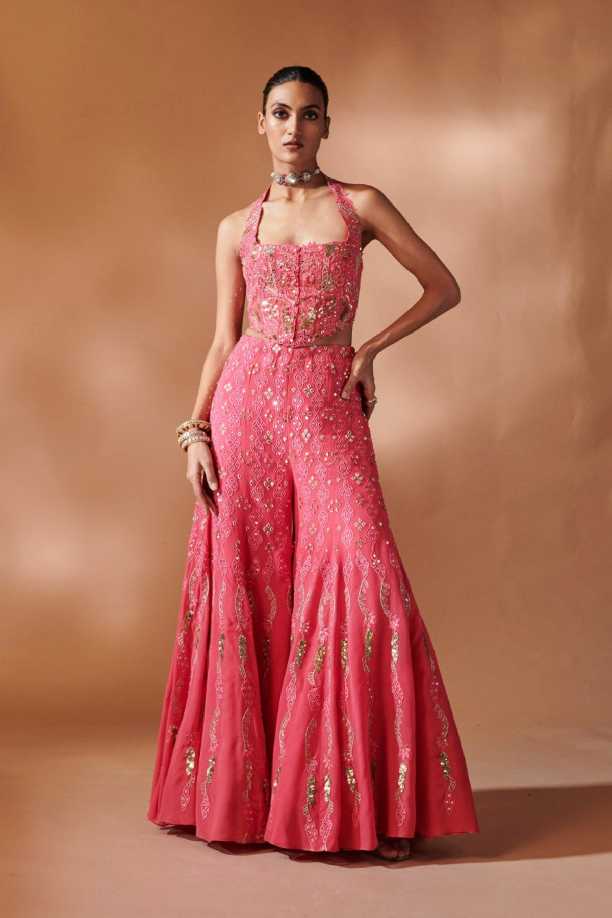 Pink High Waist Sharara With A Corset Blouse