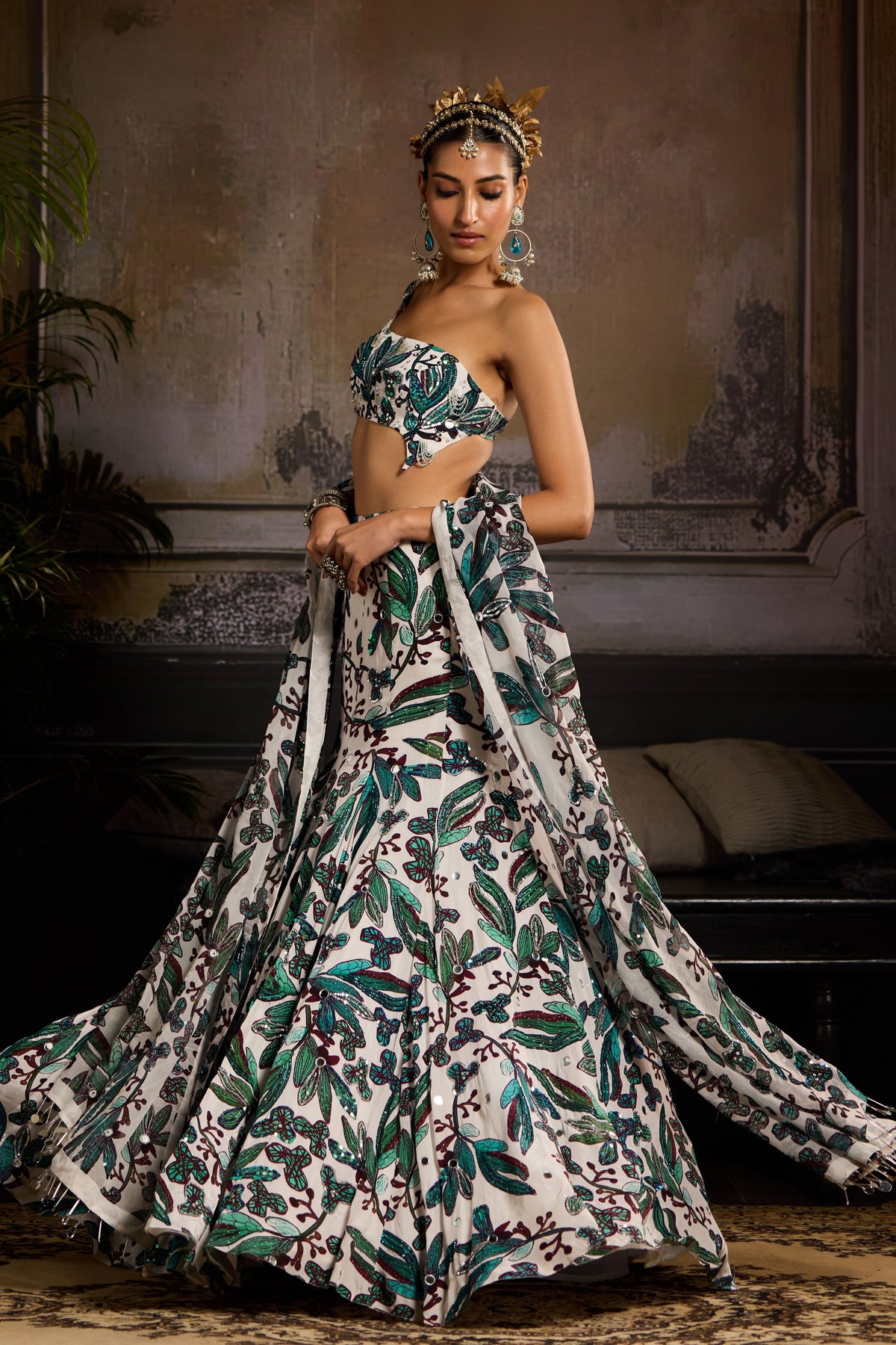 White and Teal Lehenga Set