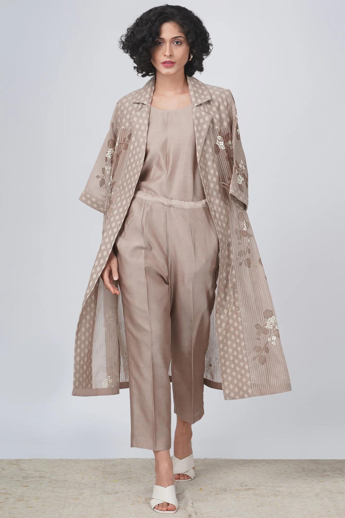 Beige Sakura Print Jacket Set