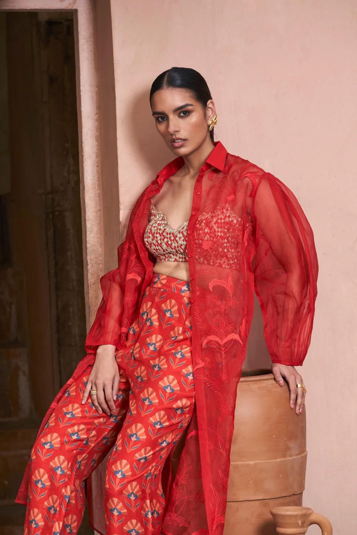Red Moroccan Organza Shirt Dress Set