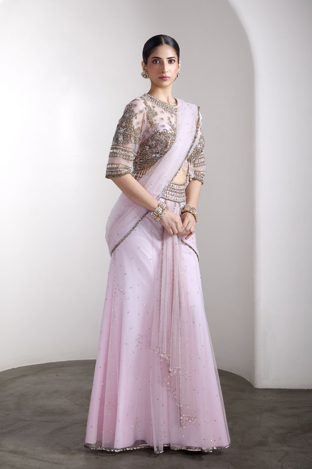 Pink Draped Saree Set