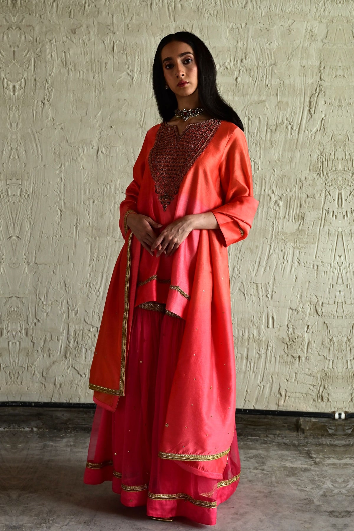 Coral Pink Ghevar Kurta Set