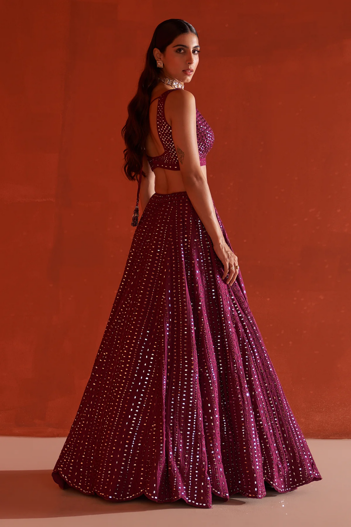 Wine Raw Silk Lehenga Set