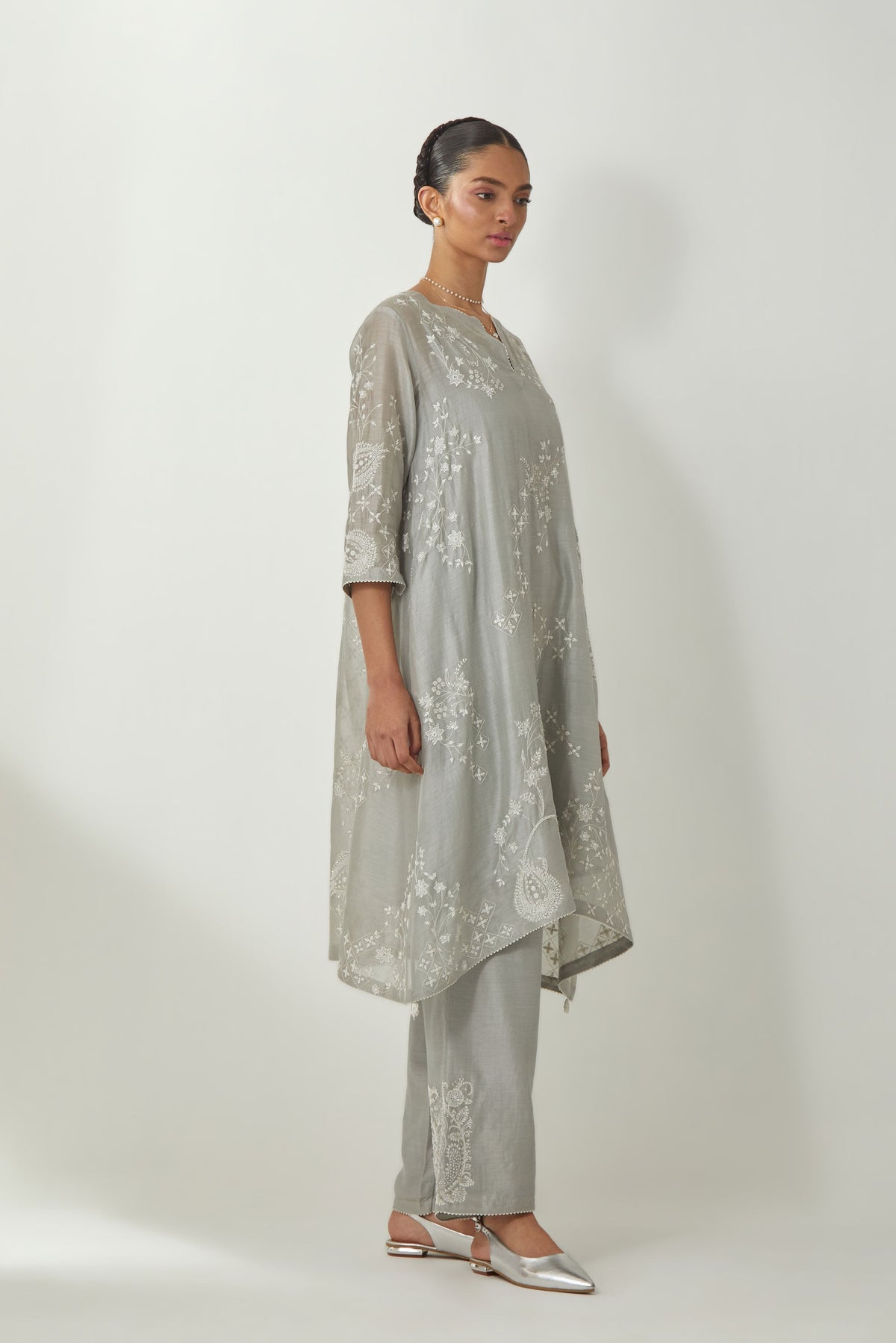 Grey Silk Chanderi Kurta Set