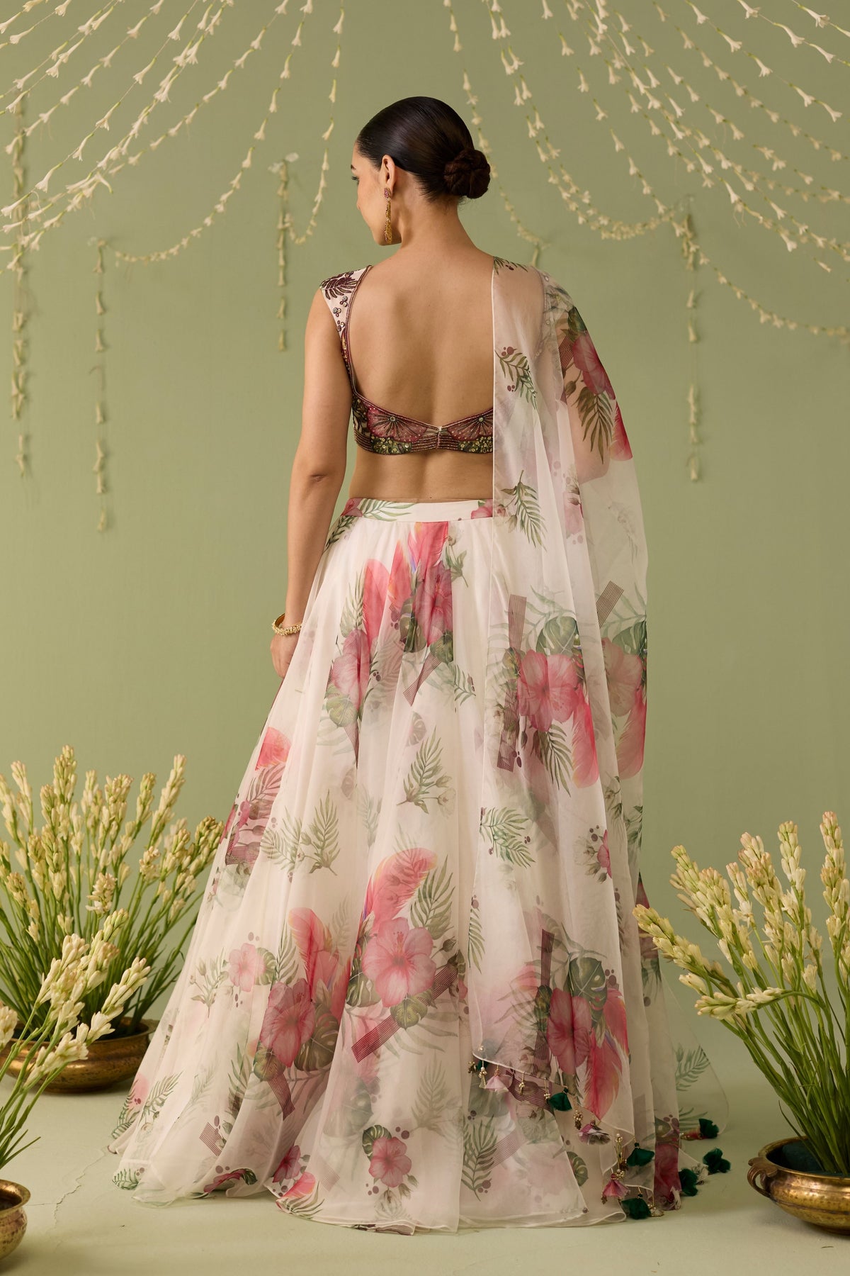 White Printed Organza Lehenga Set