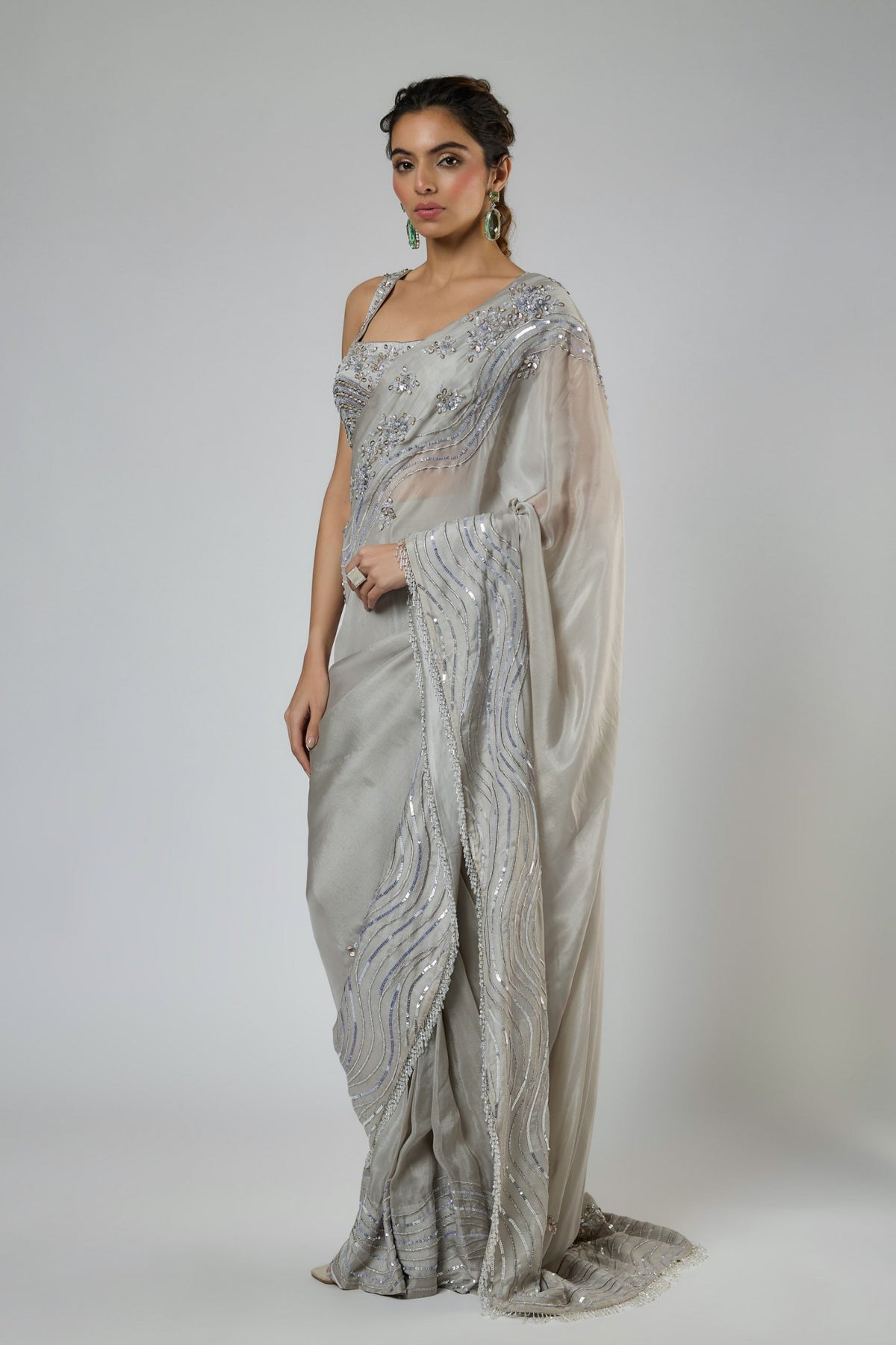 Grey Embroidered Draped Saree Set