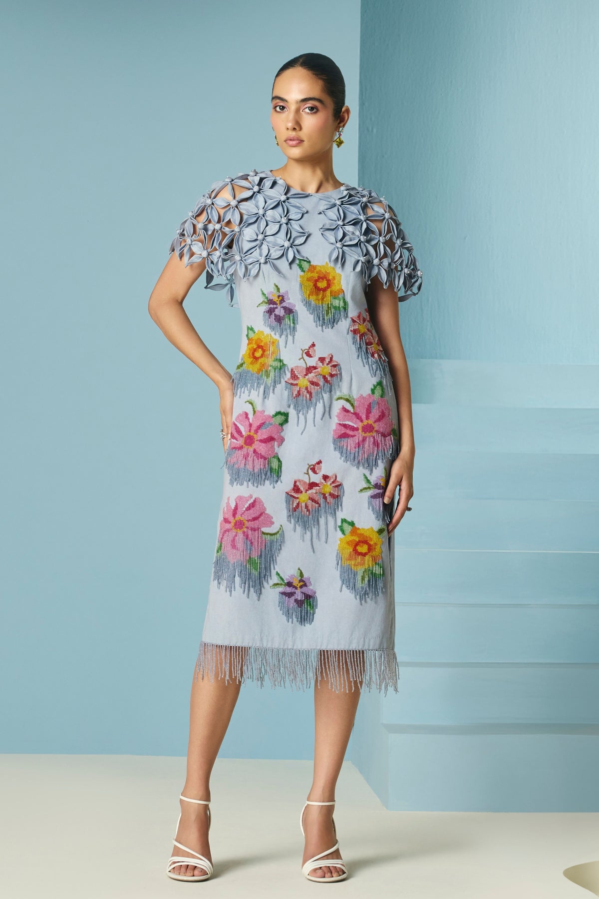 Powder Blue Floral Cape Dress