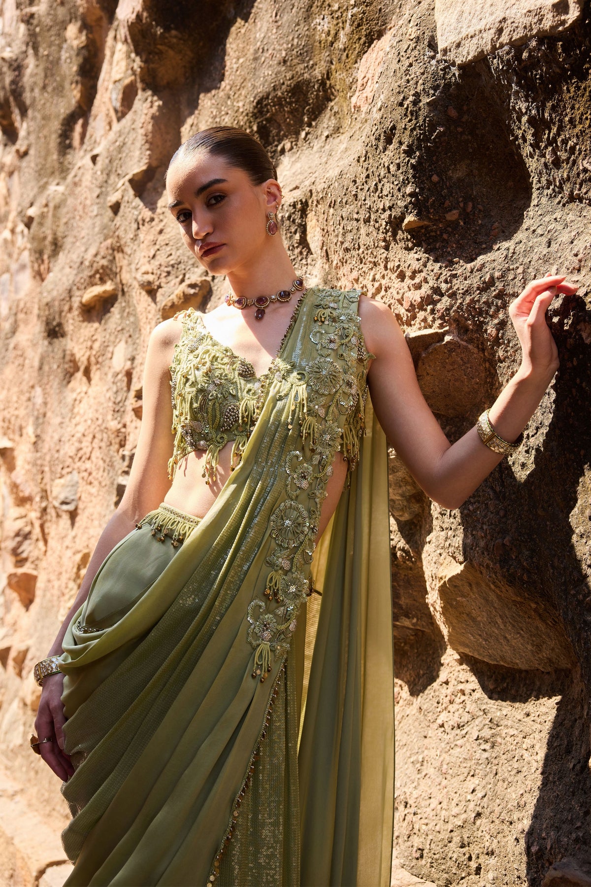 Sage Green Draped Saree Set