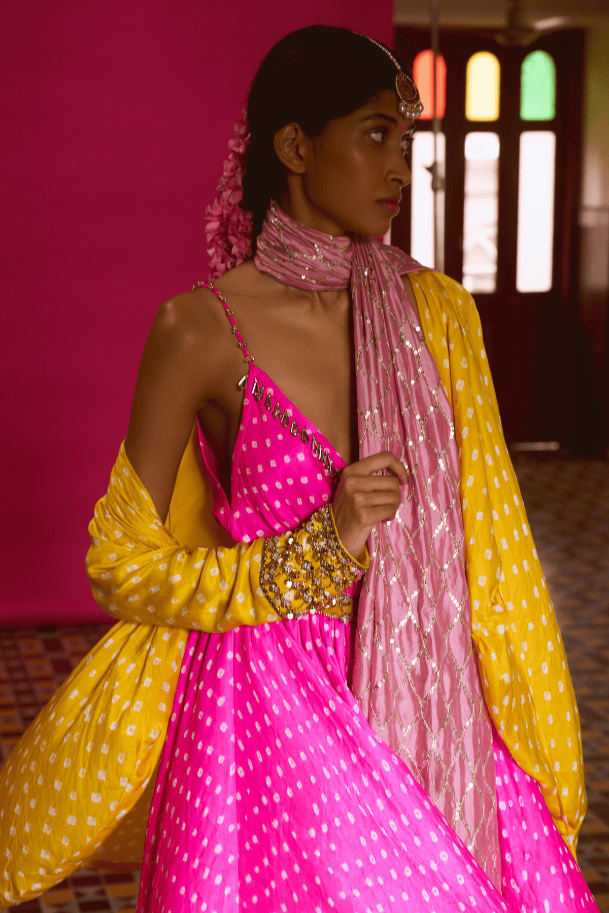 Pink Bandhani Jacket With Kurta Set