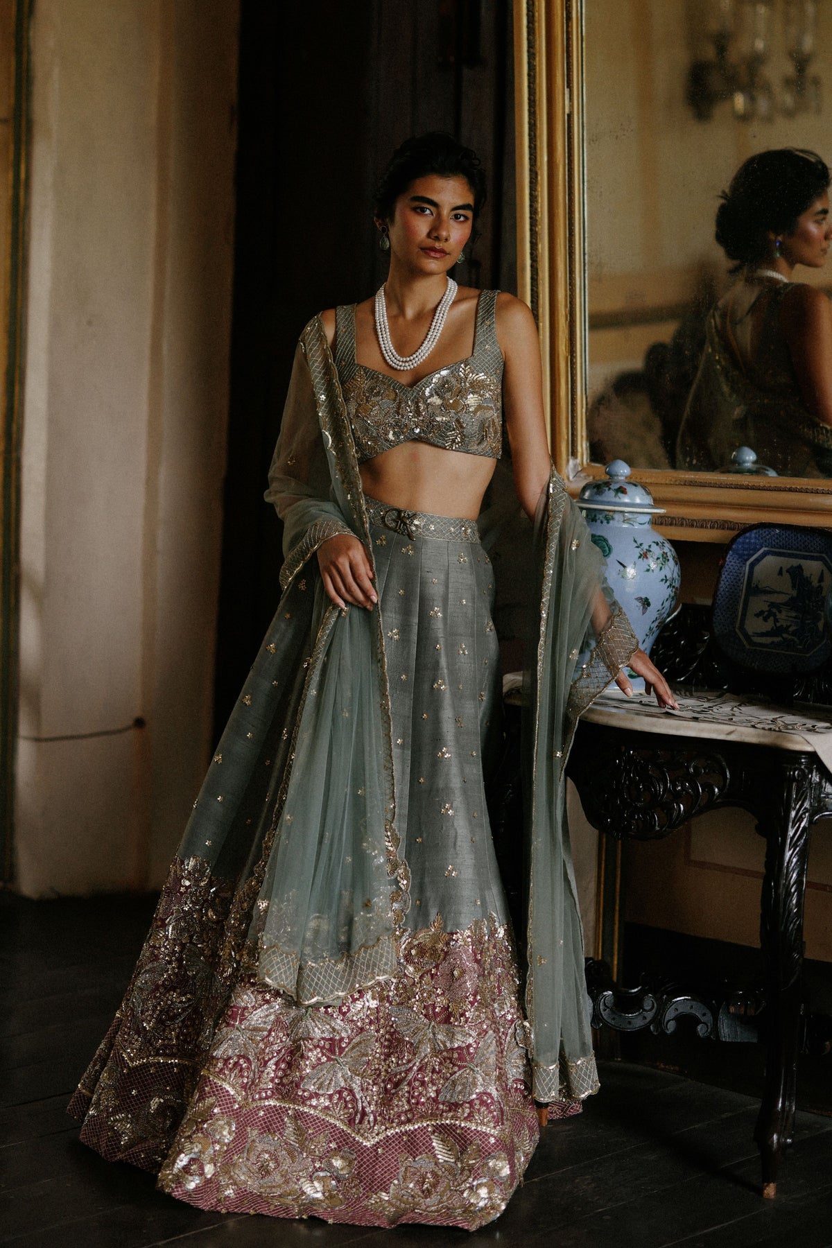 Sage Ruby Half Lehenga Set