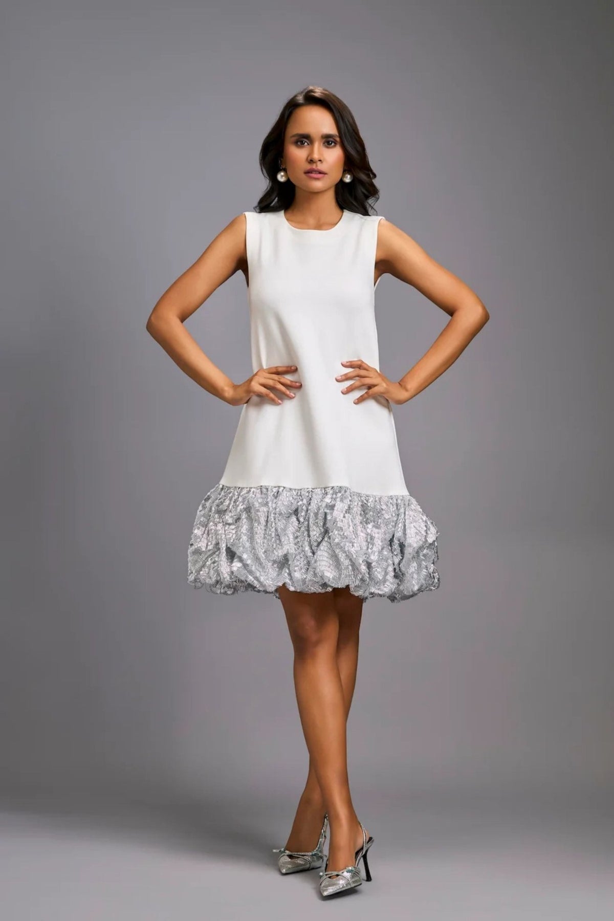 Ruffled Shimmer Silver Dress - Deepika Arora - Elahe