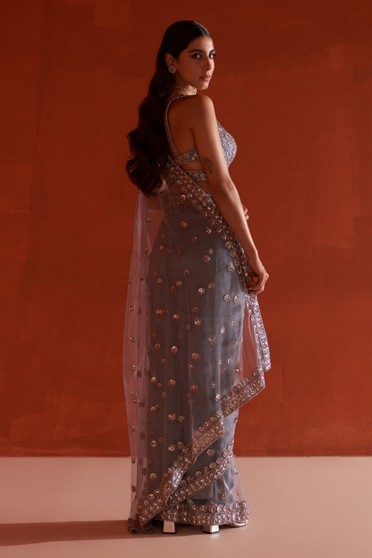 Grey Net Saree