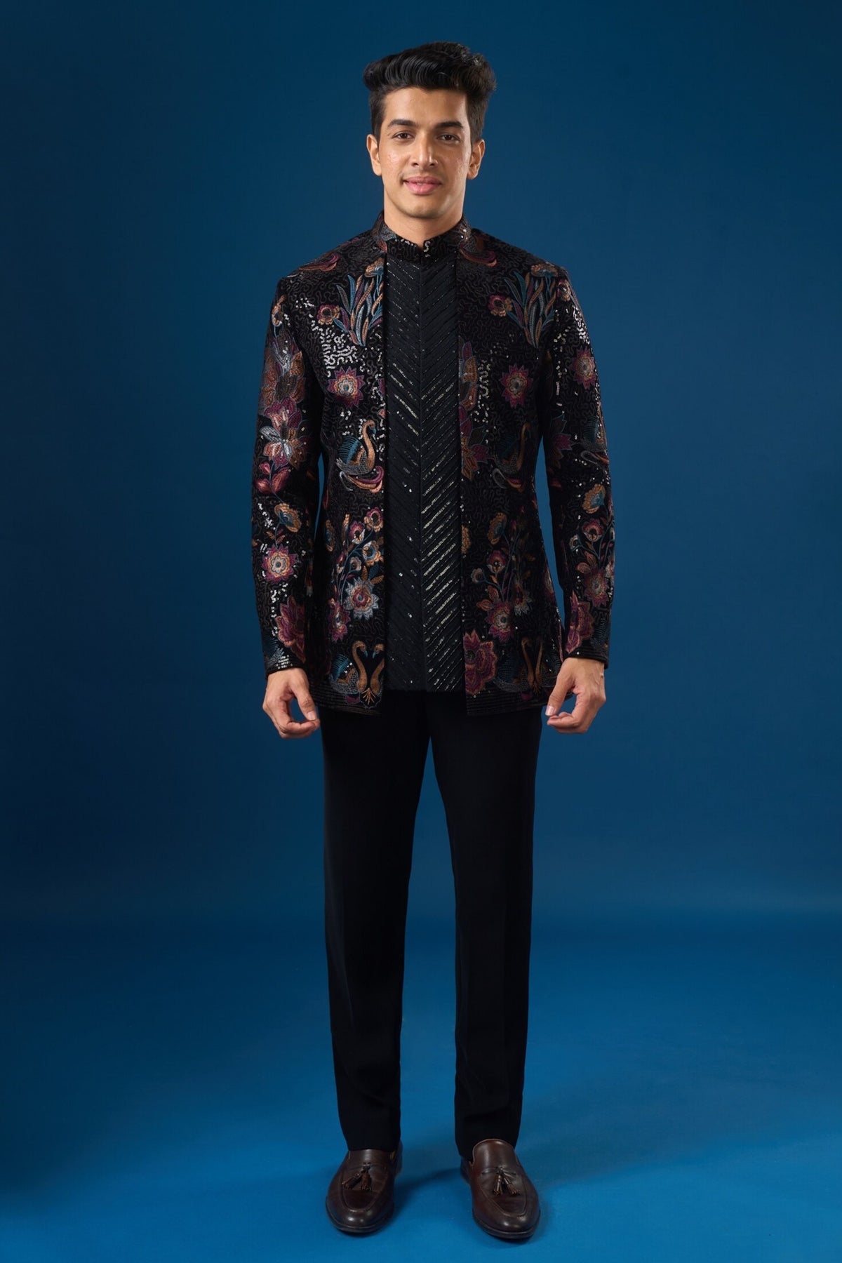 Coal Velour Bandhgala Set