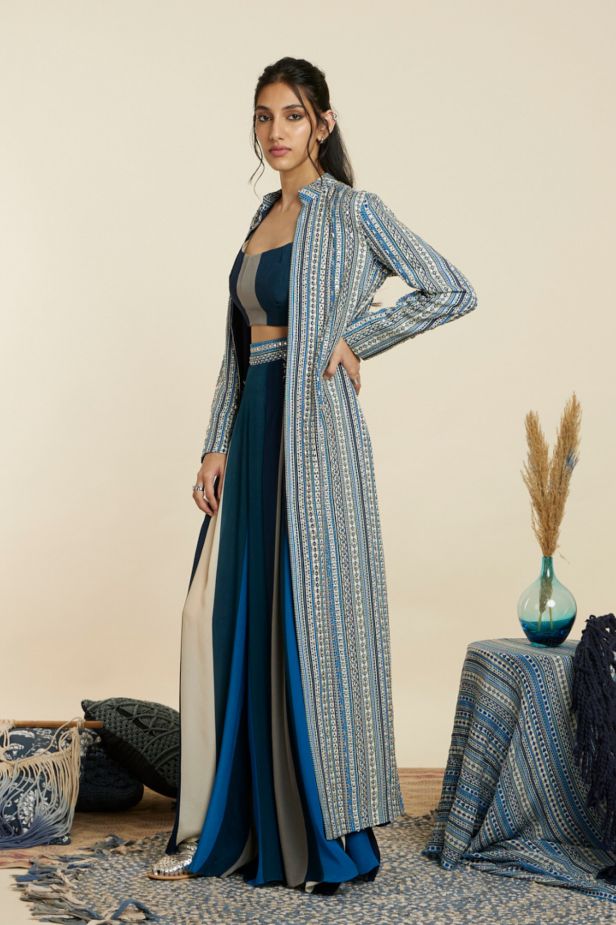 Blue Boho Stripe Embellished Jacket Set