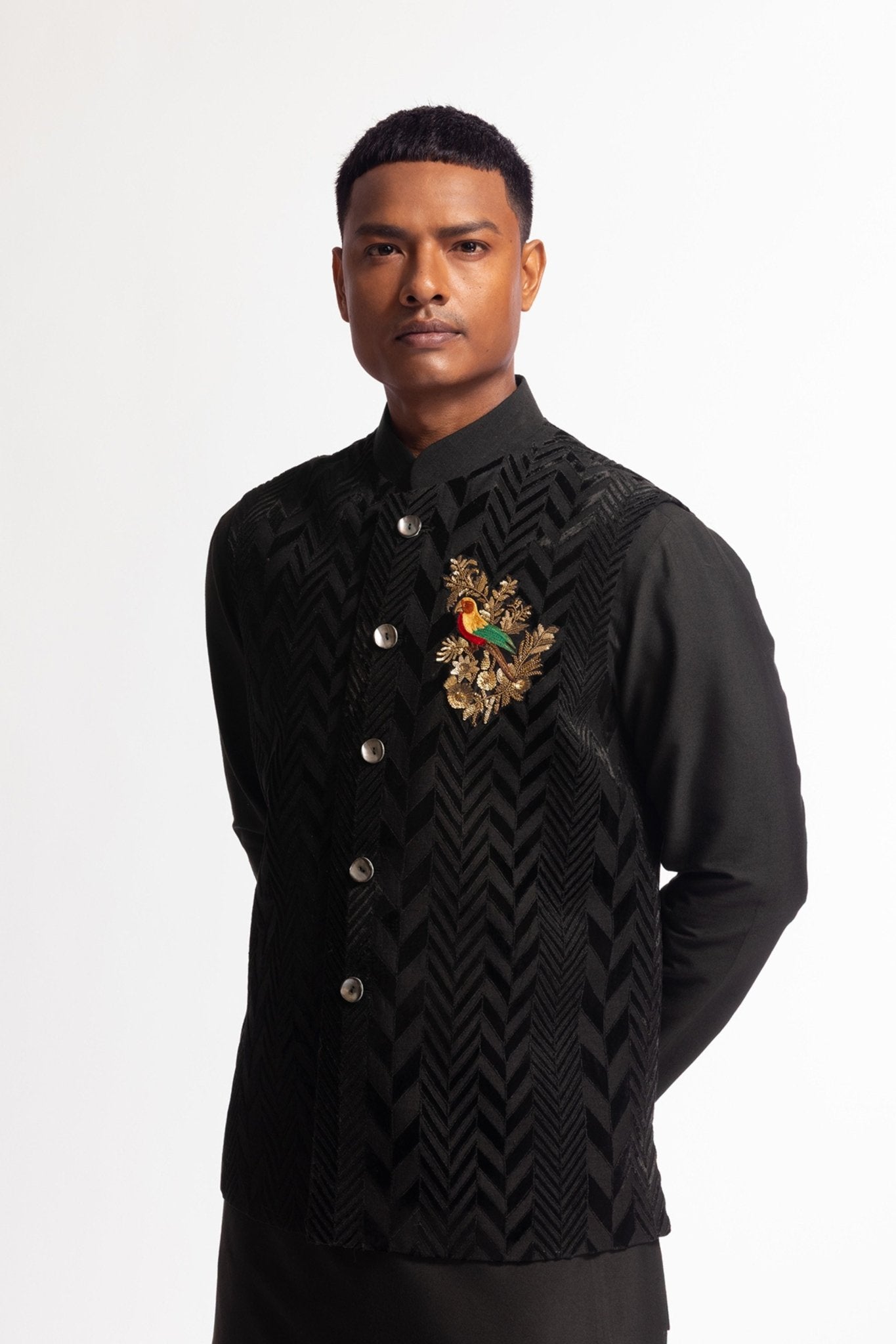 Black Applique Bundi - Rohit Bal Menswear - Elahe