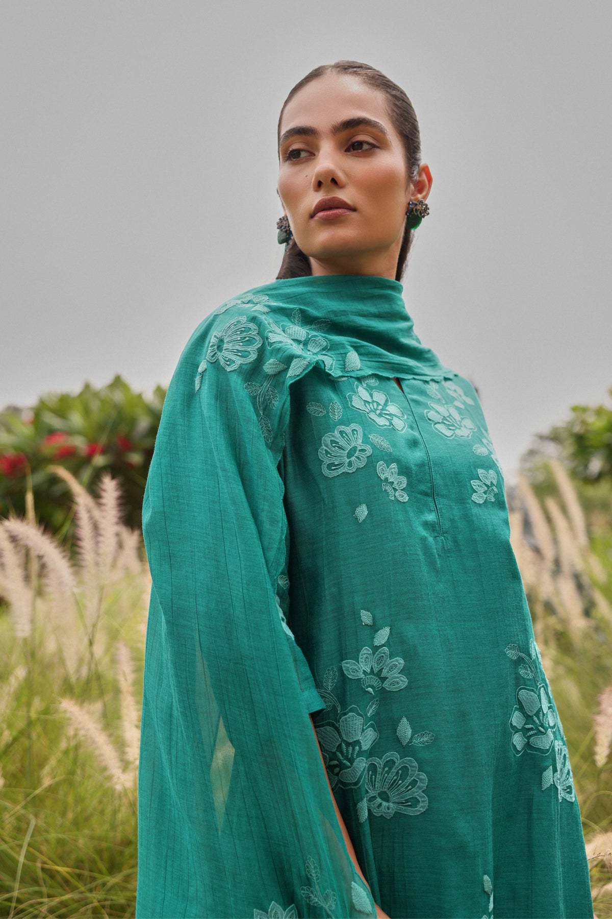 Teal Applique Embroidered Kurta Set