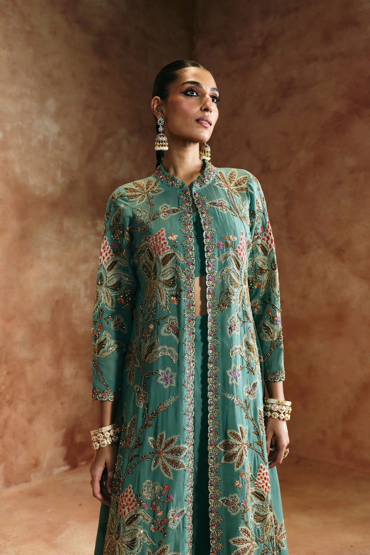 Coral Blue Sindh Zardozi Jacket Set