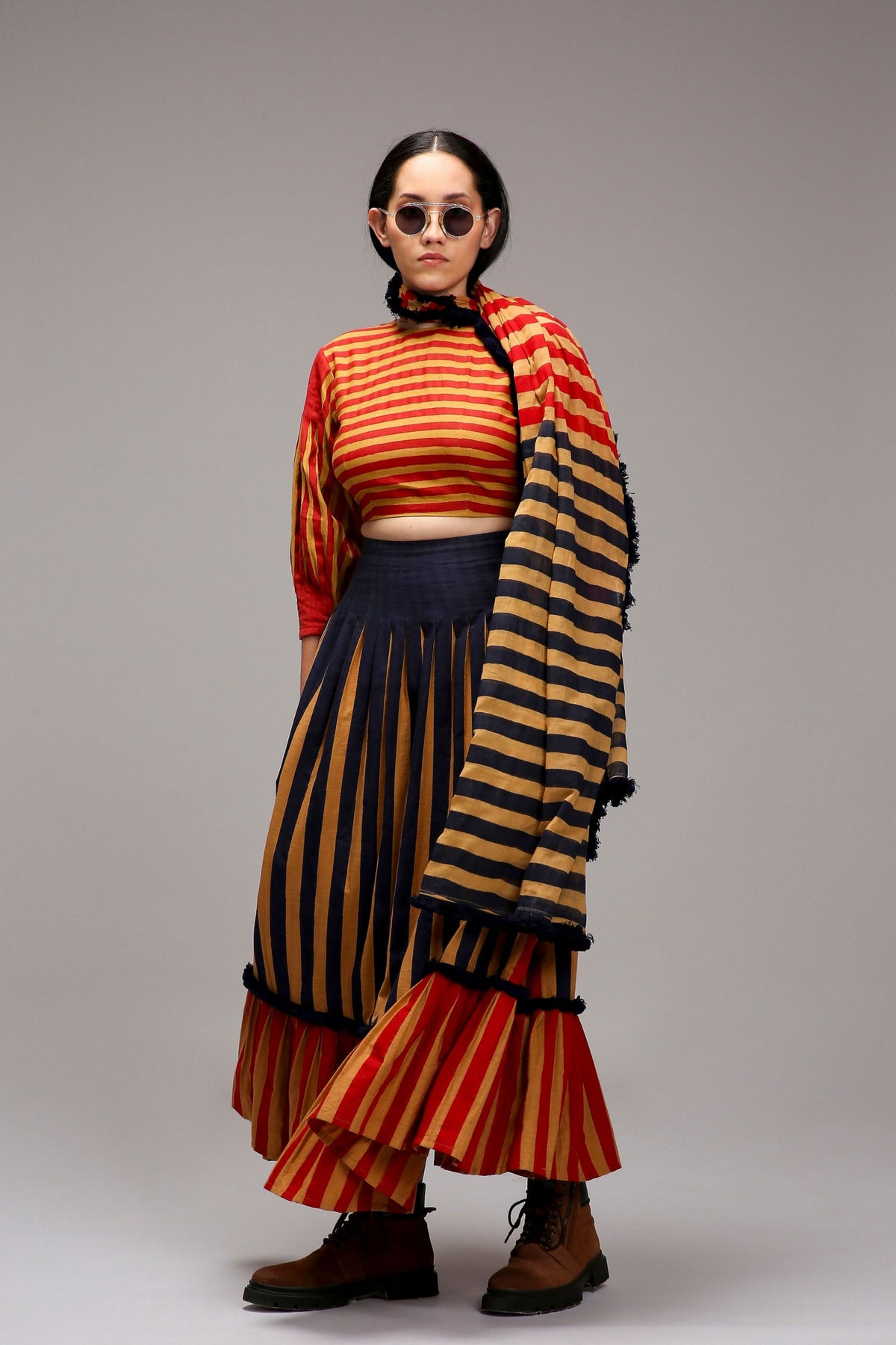 Crop Top Dual Striped Stole Skirt Set
