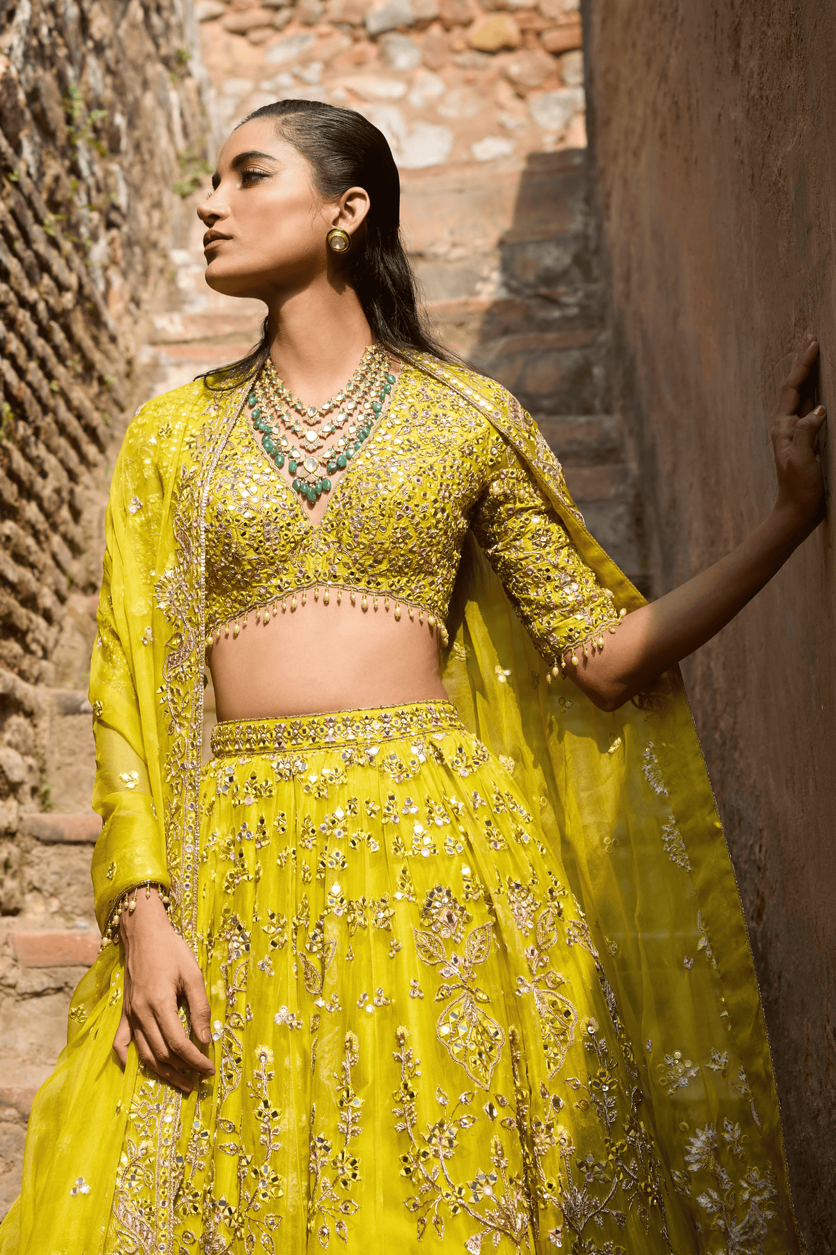 Lime Yellow Organza Lehenga  Set