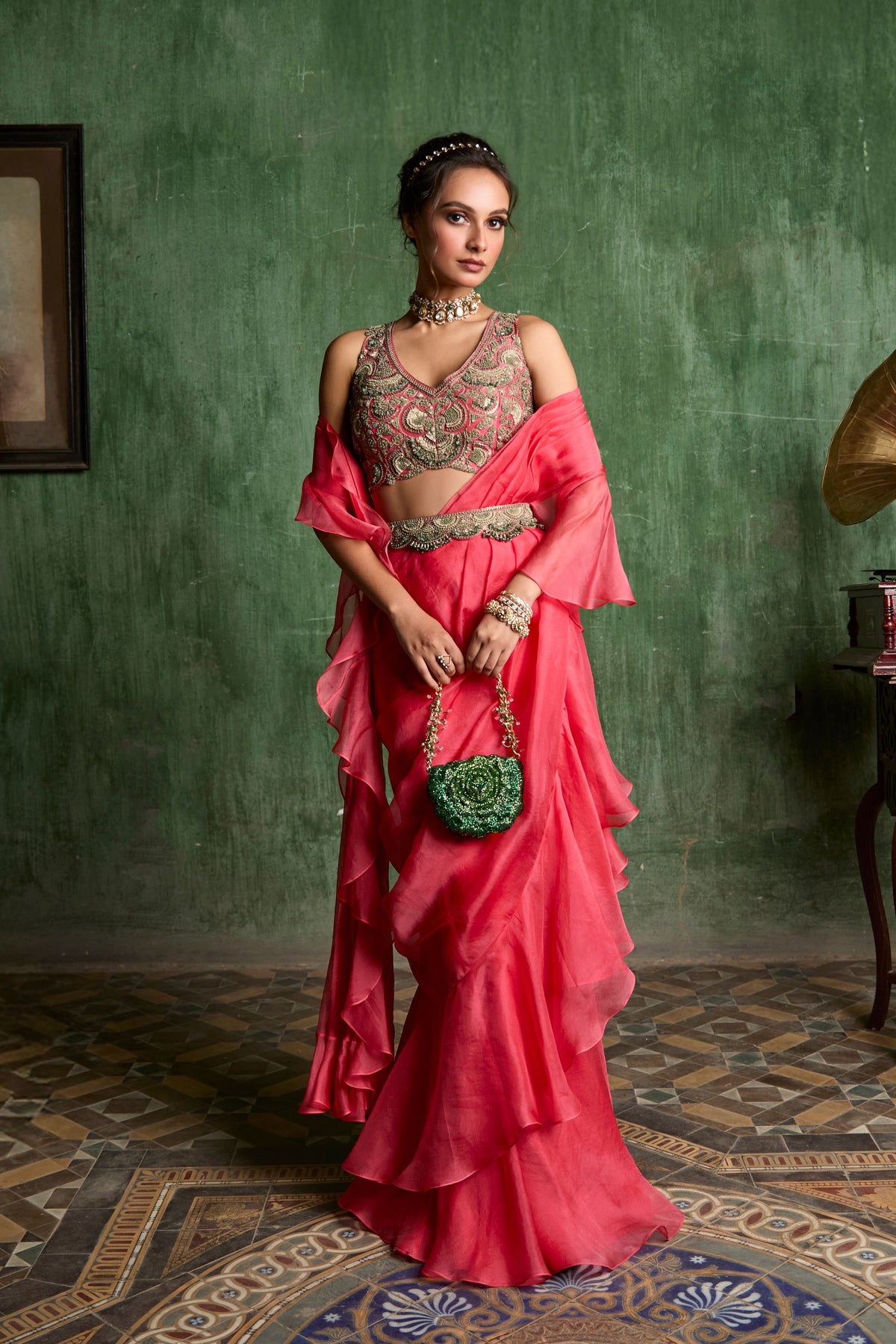 Peach Draped Saree Set