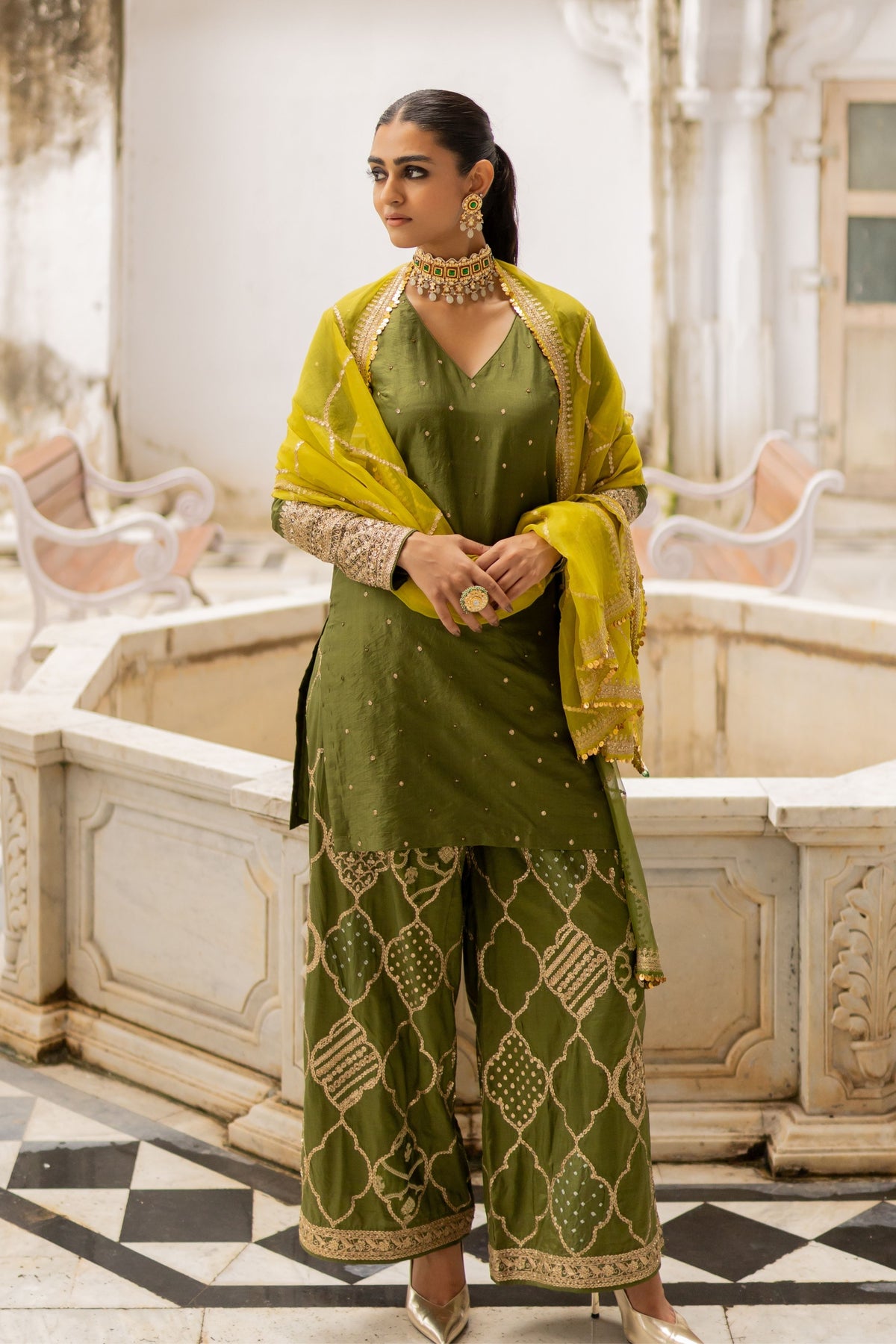 Lime olive Jaal Dupatta