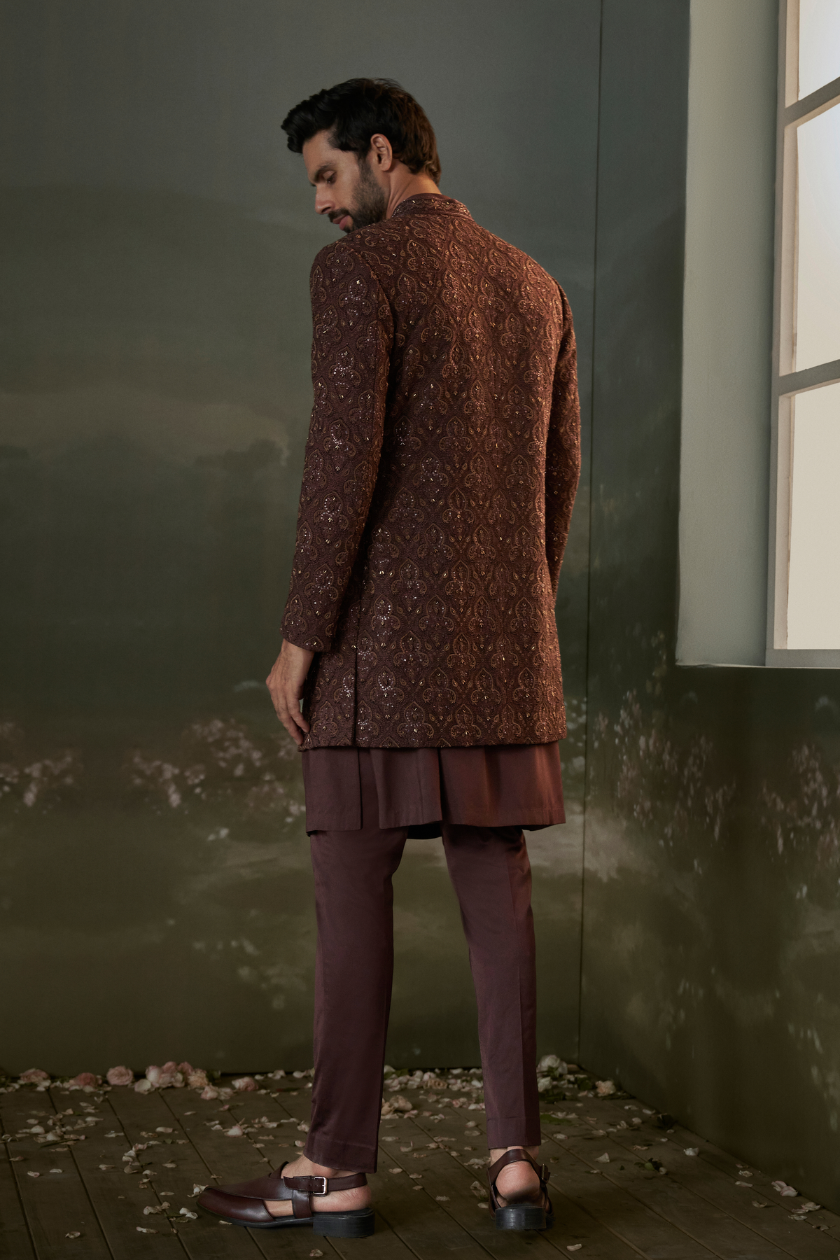 Chocolate brown embroidered short sherwani Set