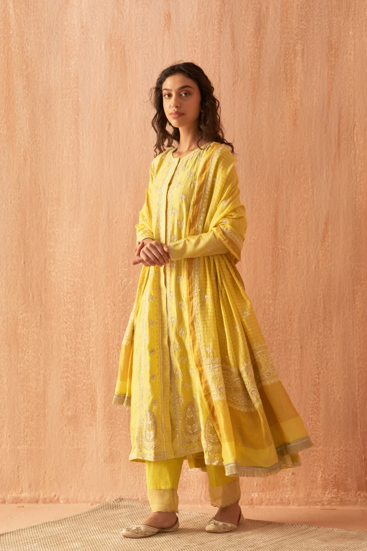 Yellow Chanderi Zardozi Anarkali Set