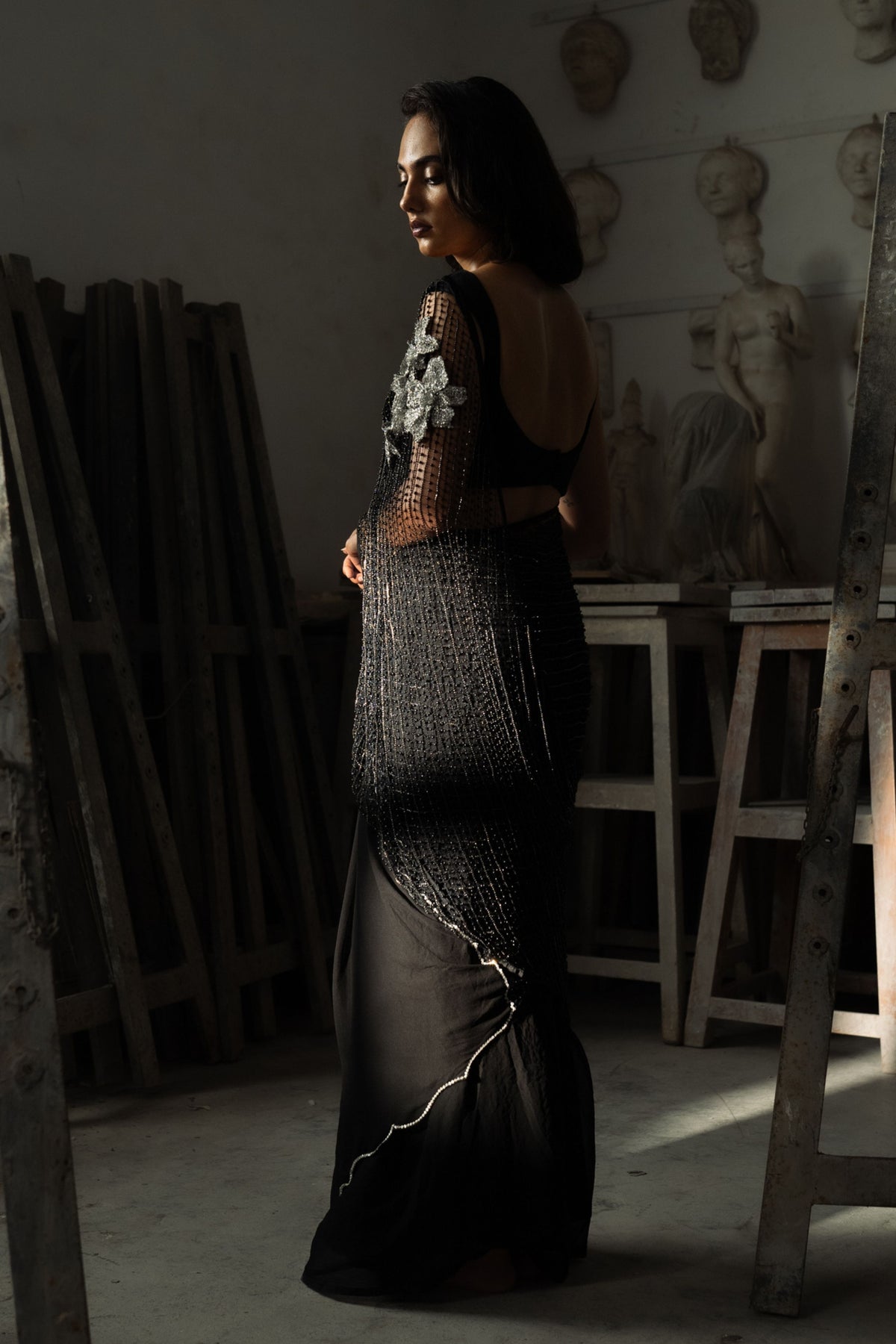 Charcoal Pearl Weave Black Saree