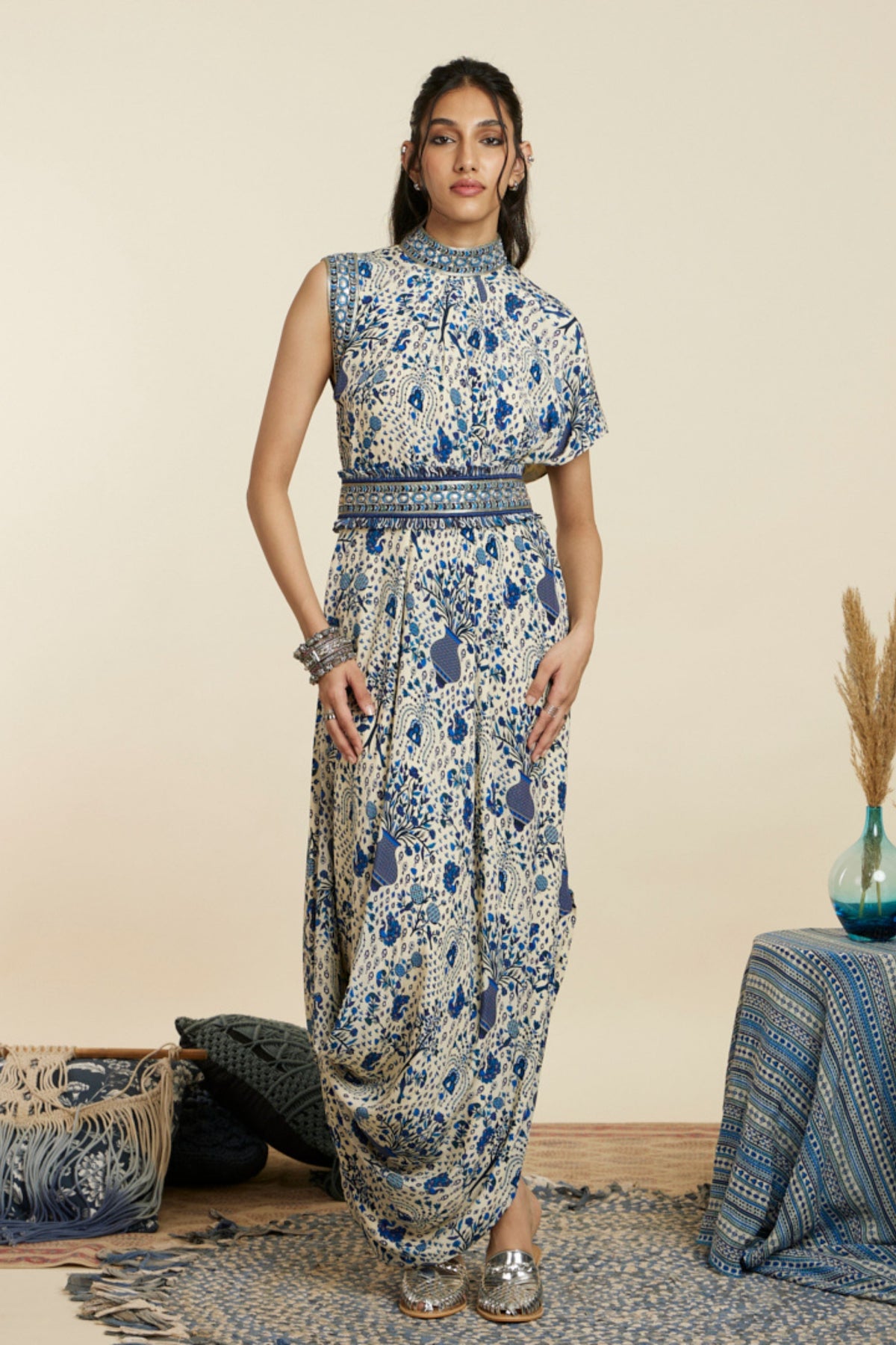 Safar Blue Drape Dress With Belt