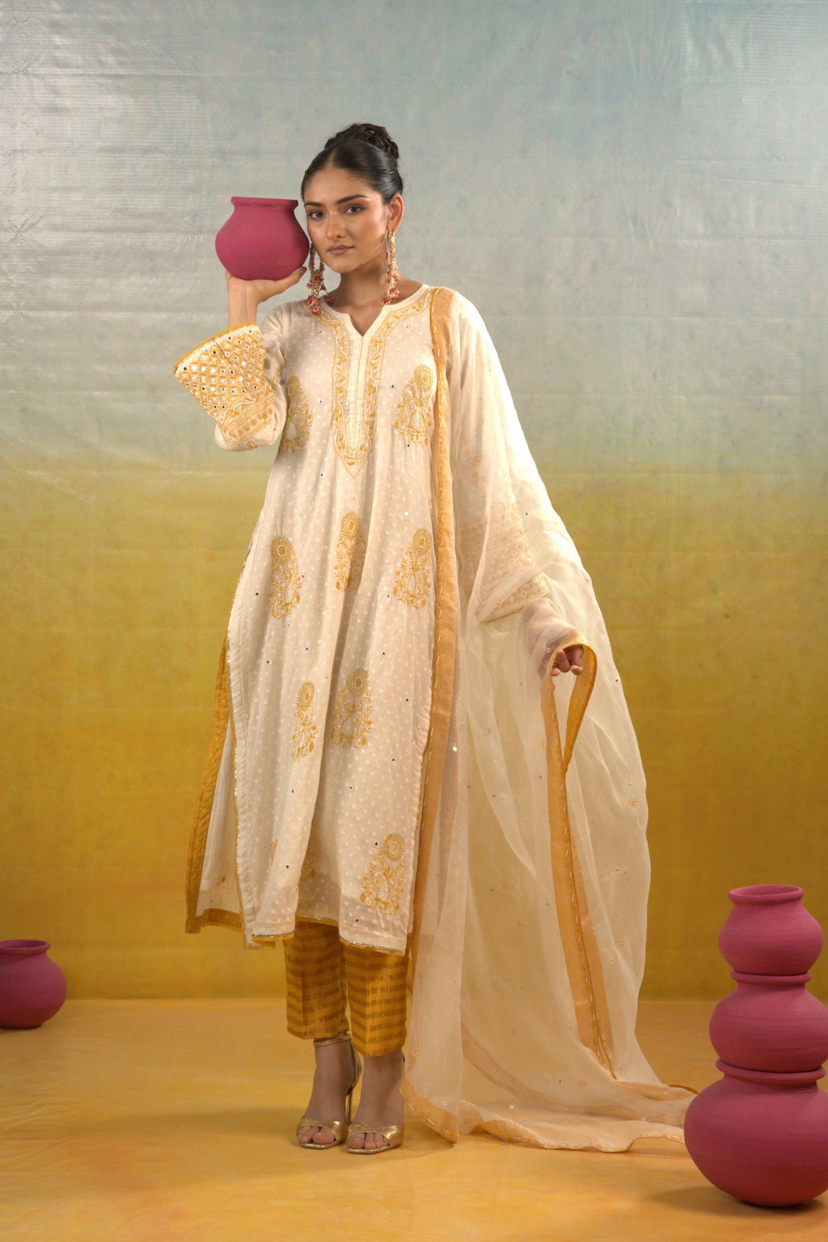 Chanderi Dotted Silk Kurta Set