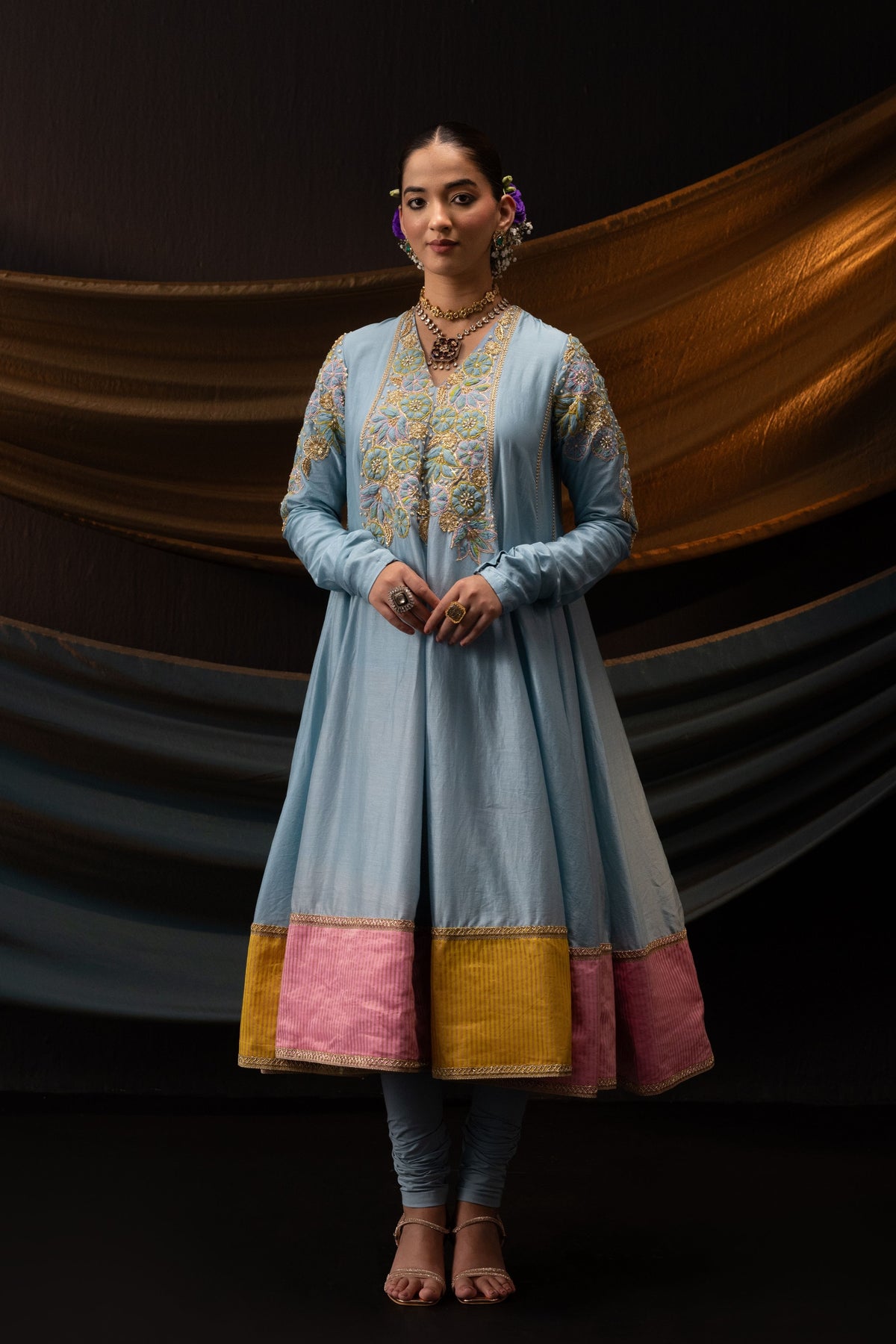Blue 3D Embroidered Anarkali Set