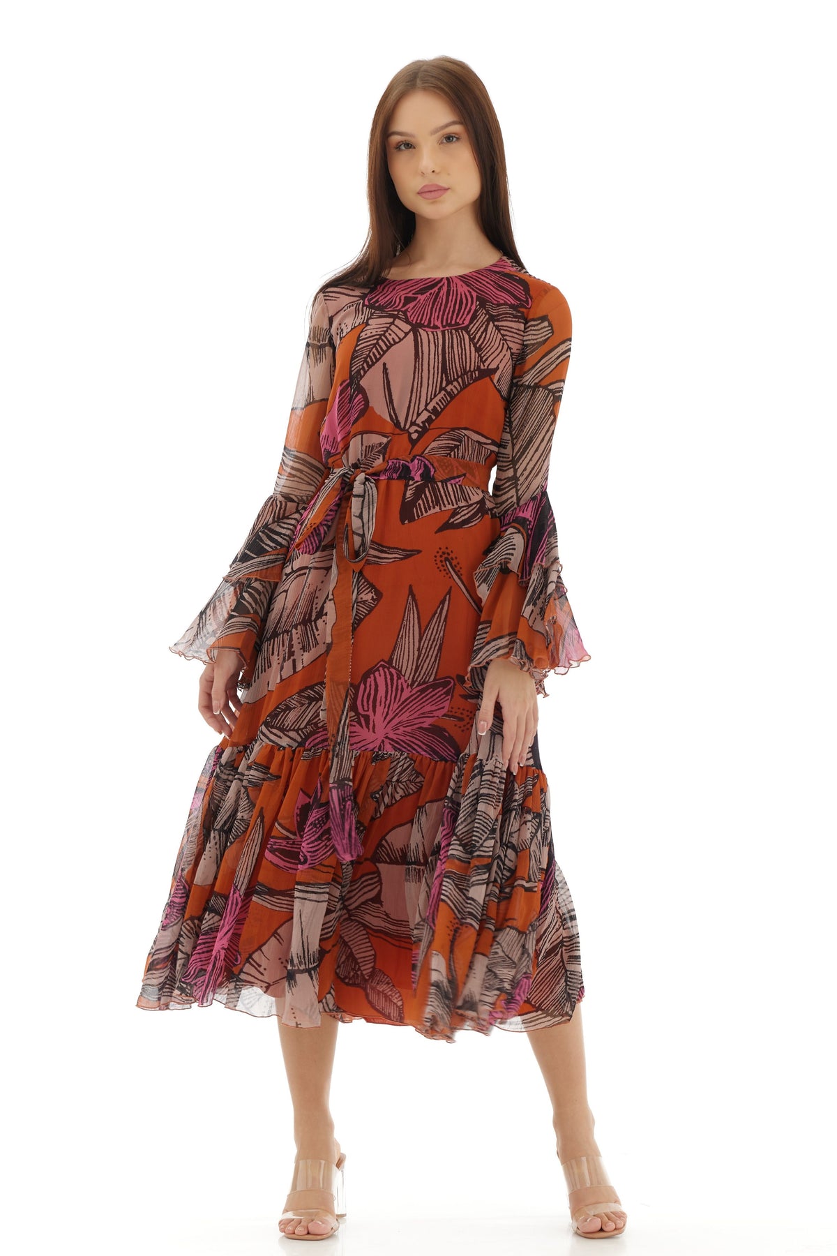 Orange and Beige Midi Dress