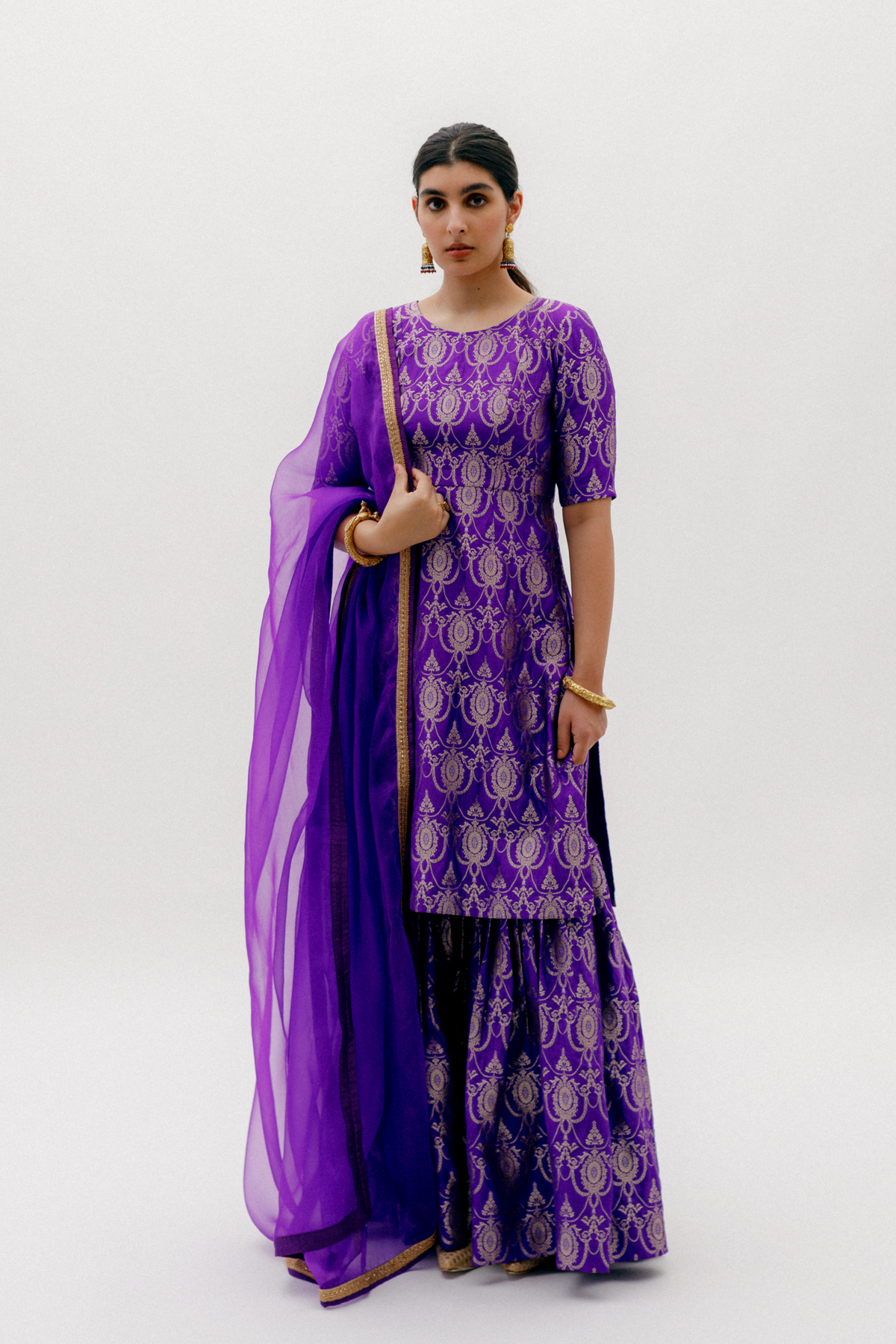 Purple Brocade Kurta Sharara set