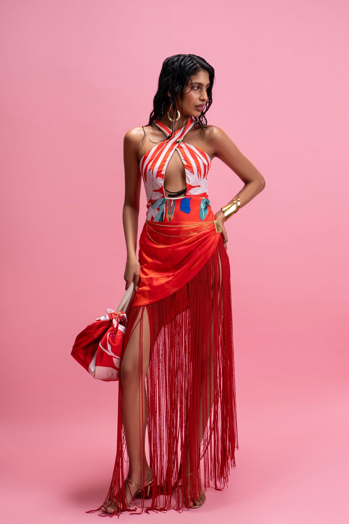 Halter Bodysuit Wrap Skirt Set
