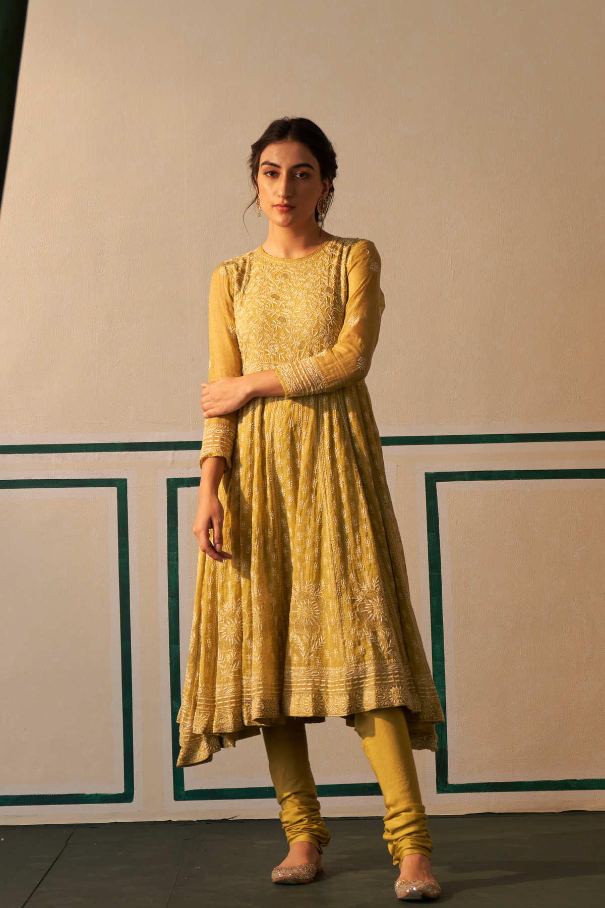 Lime Green Chanderi Chikankri Anarkali