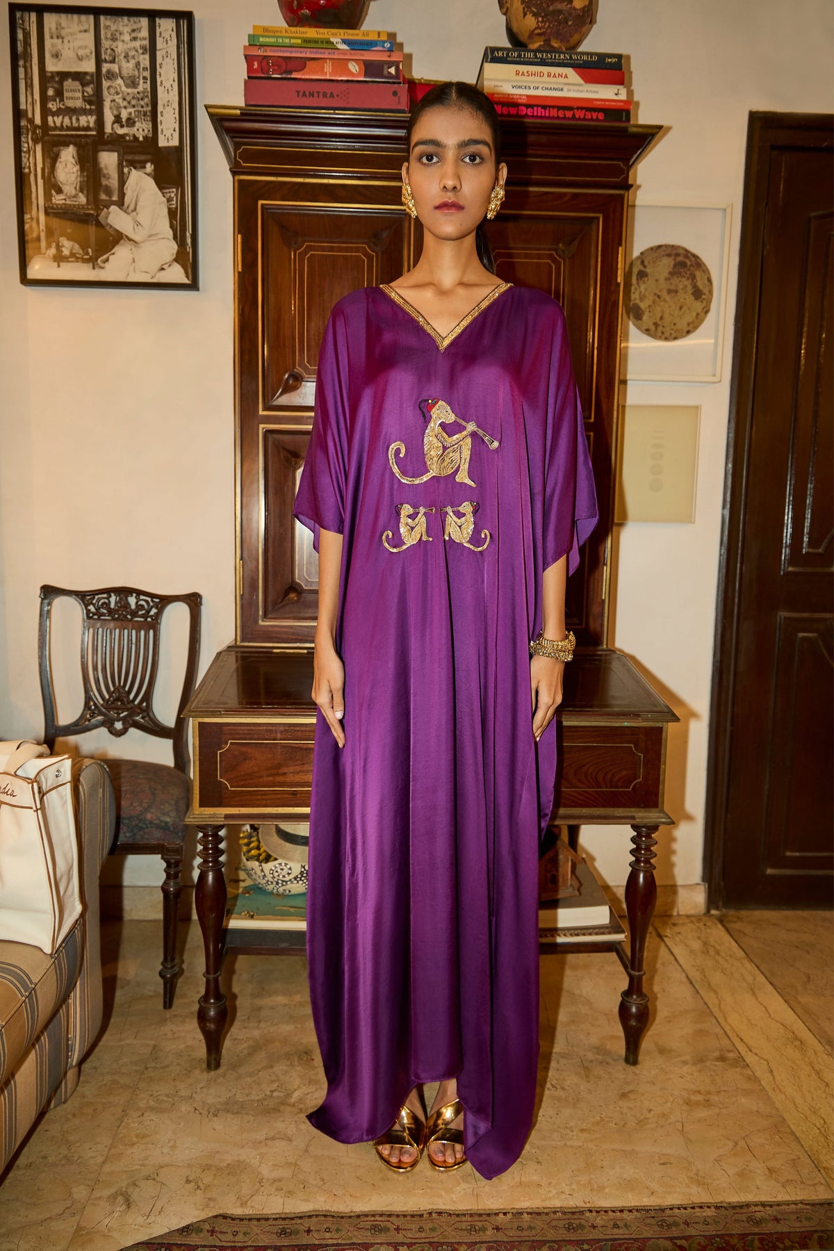 Purple Kaftan With Monkey Motif