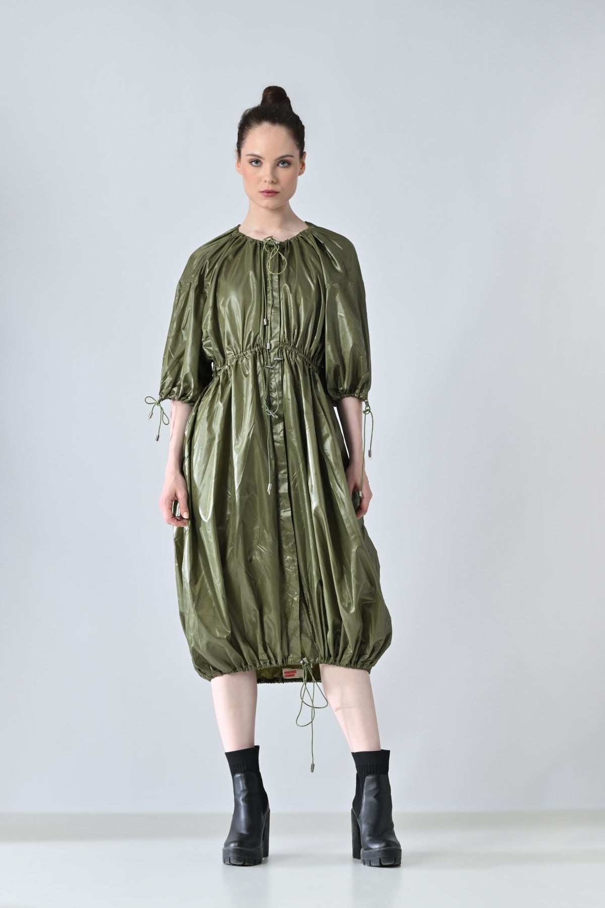 Olive Utility Gathered Ballon Dress