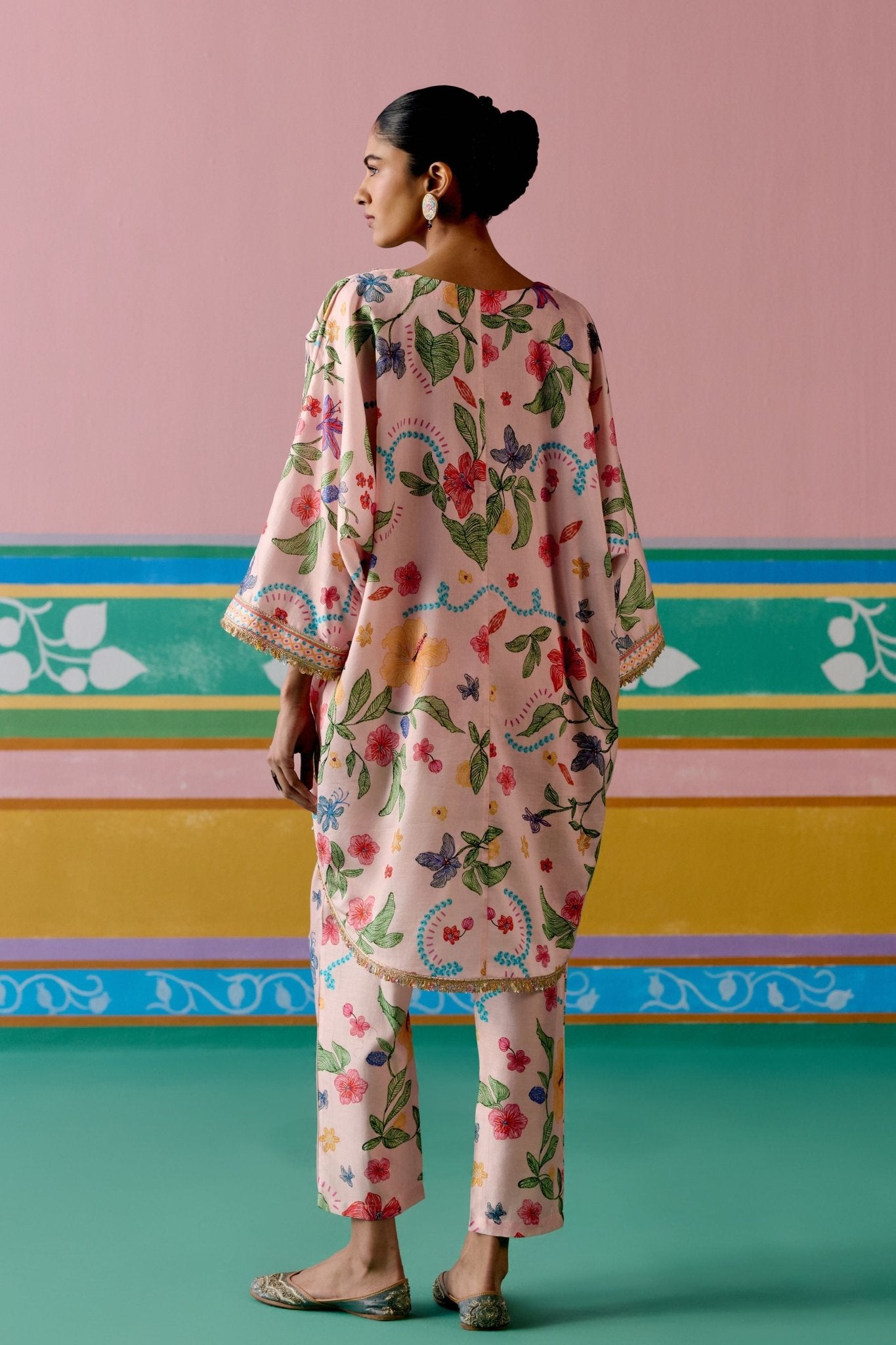 Dusty Pink Floral Short Kaftan Set - Label Mogra - Elahe