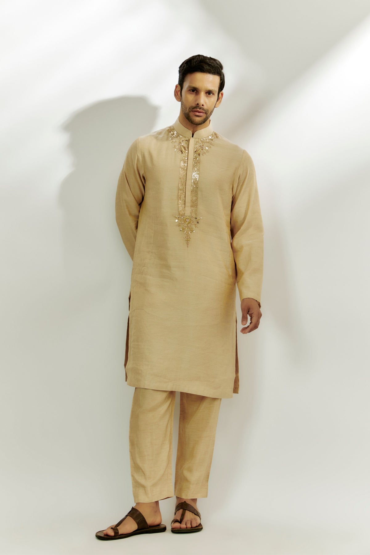 Beige Chanderi Tissue Embroidered Kurta Set