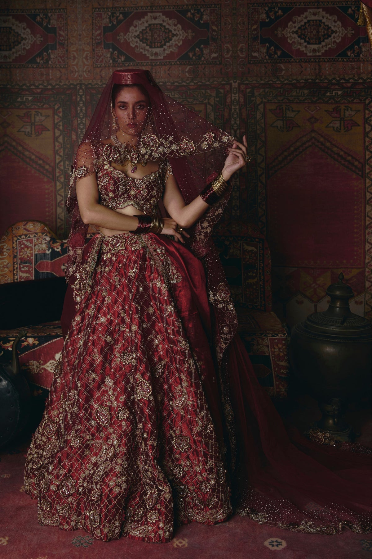 Maroon 3d Flower Lehenga Set