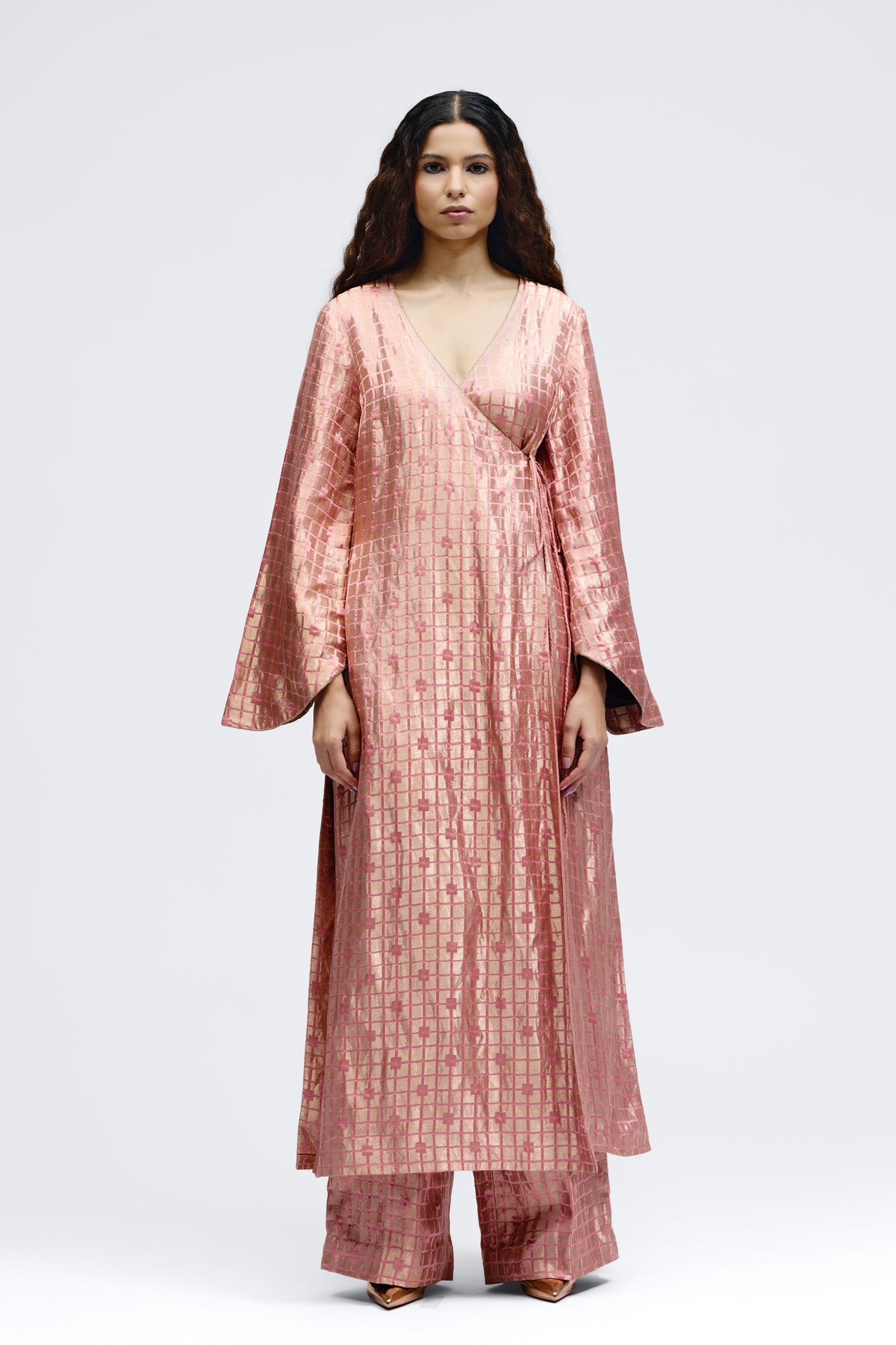 Grid Onion Pink Angrakha Kurta Set