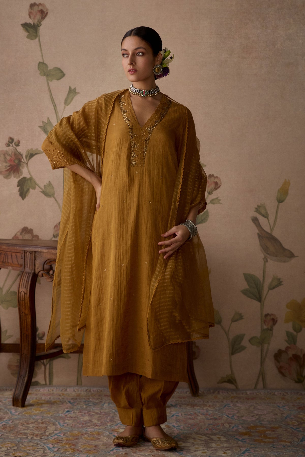 Mustard Hand Embroidered Kurta Set