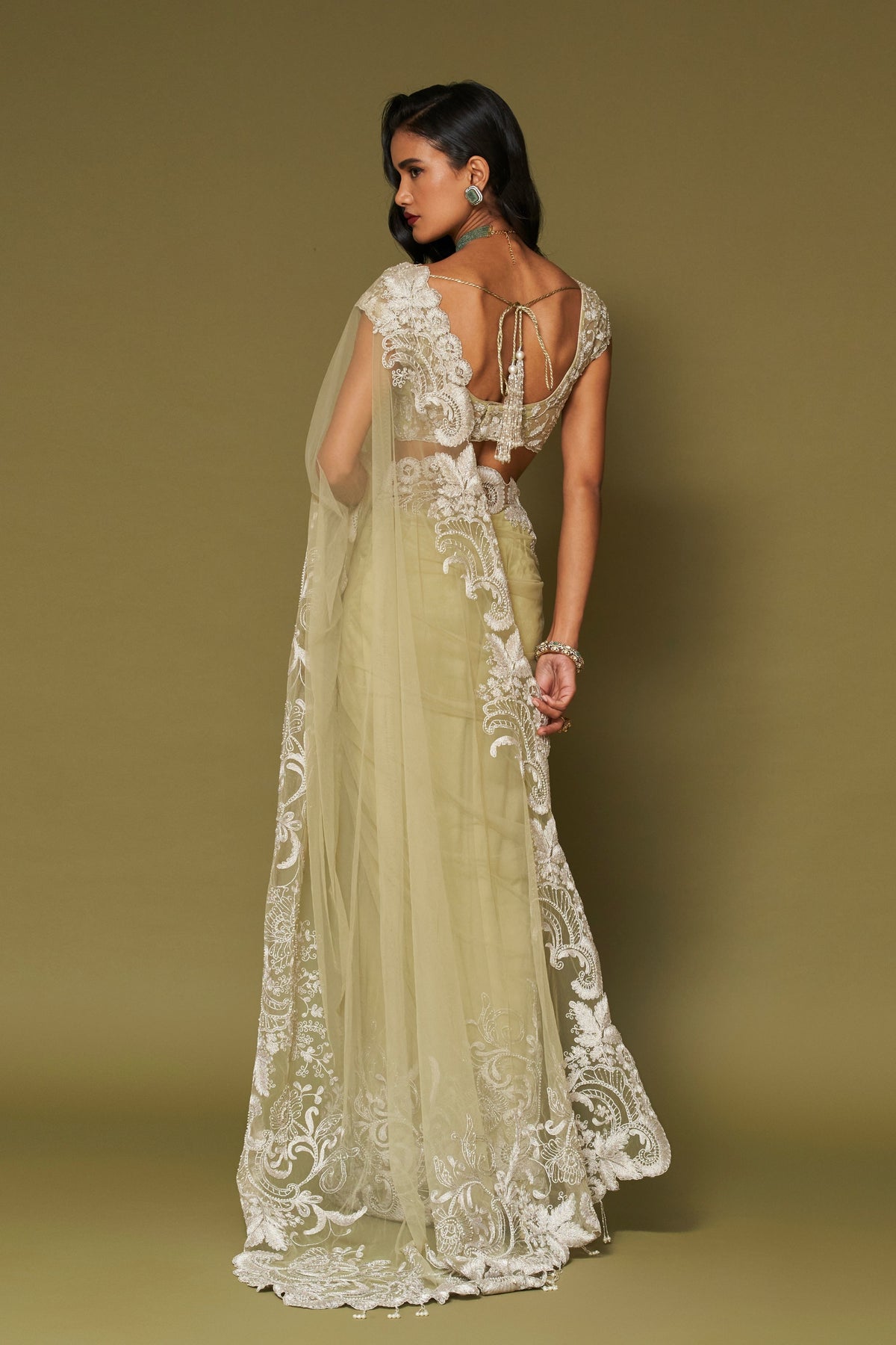 Pistachio Embroidered Net Saree Set