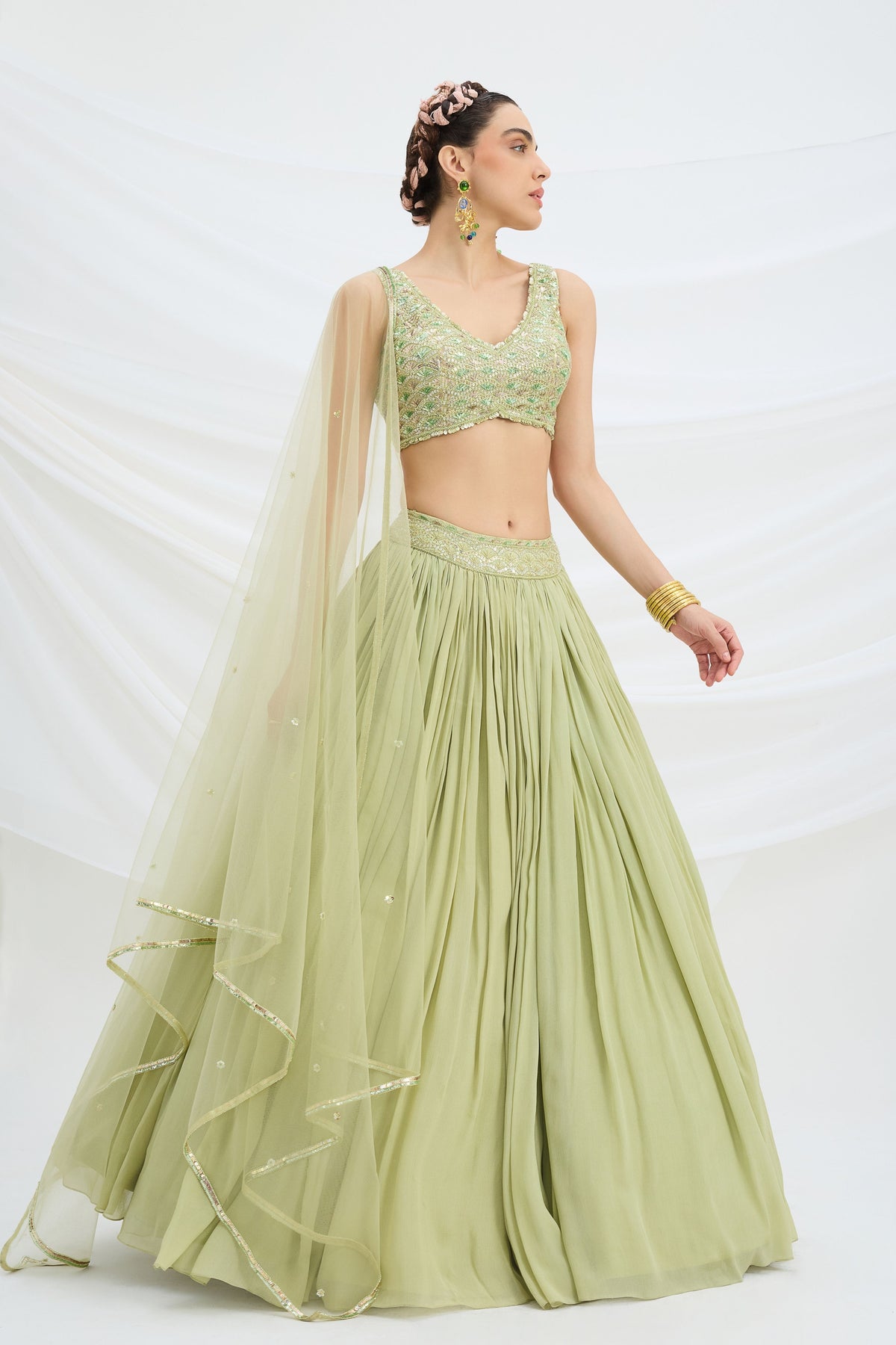 Pista Green Embroiered Lehenga Set
