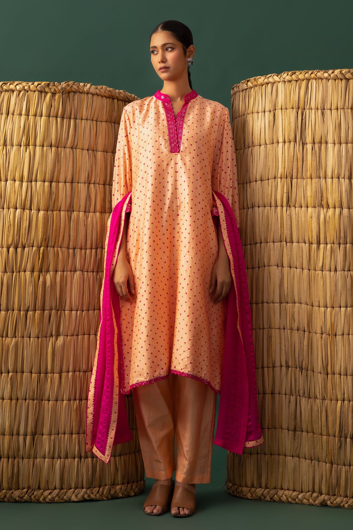 Peach Bandhani Kurta Set