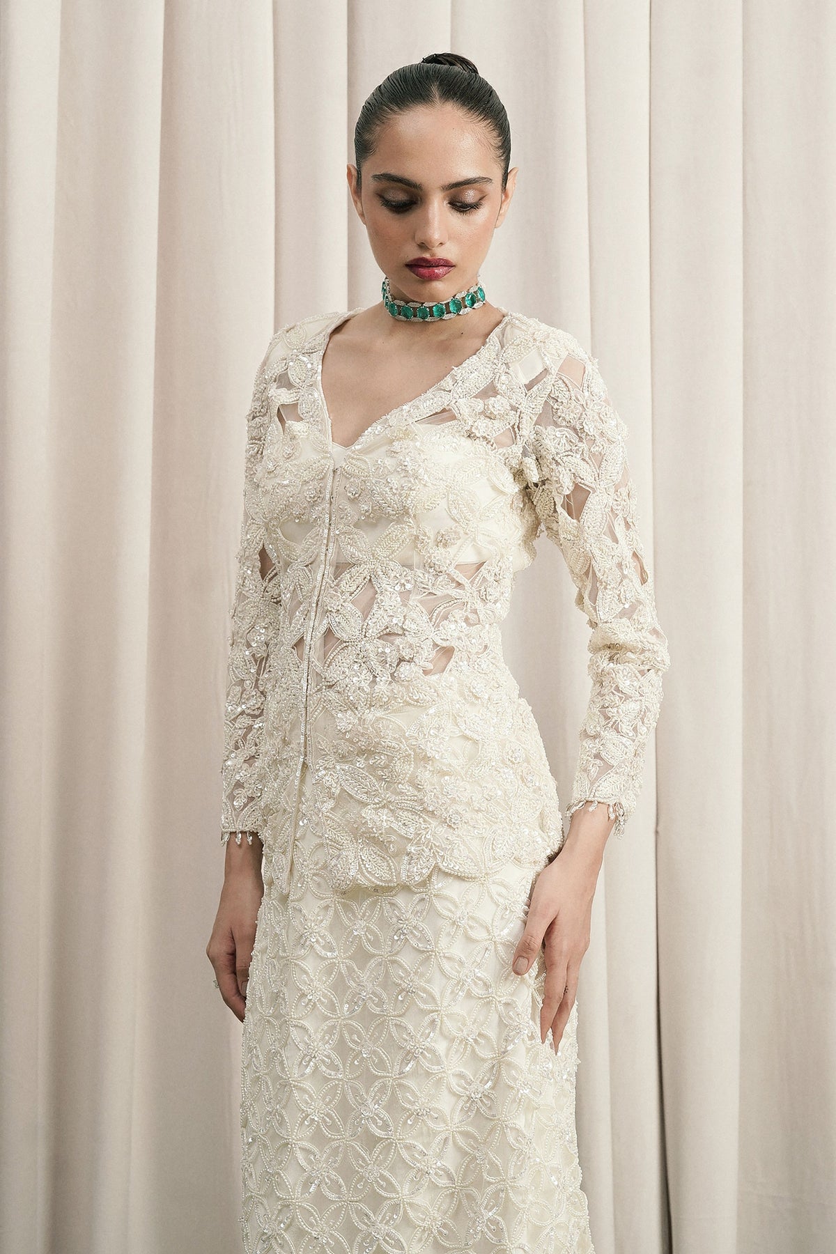 Ivory Pearl Embellished Jacket Set
