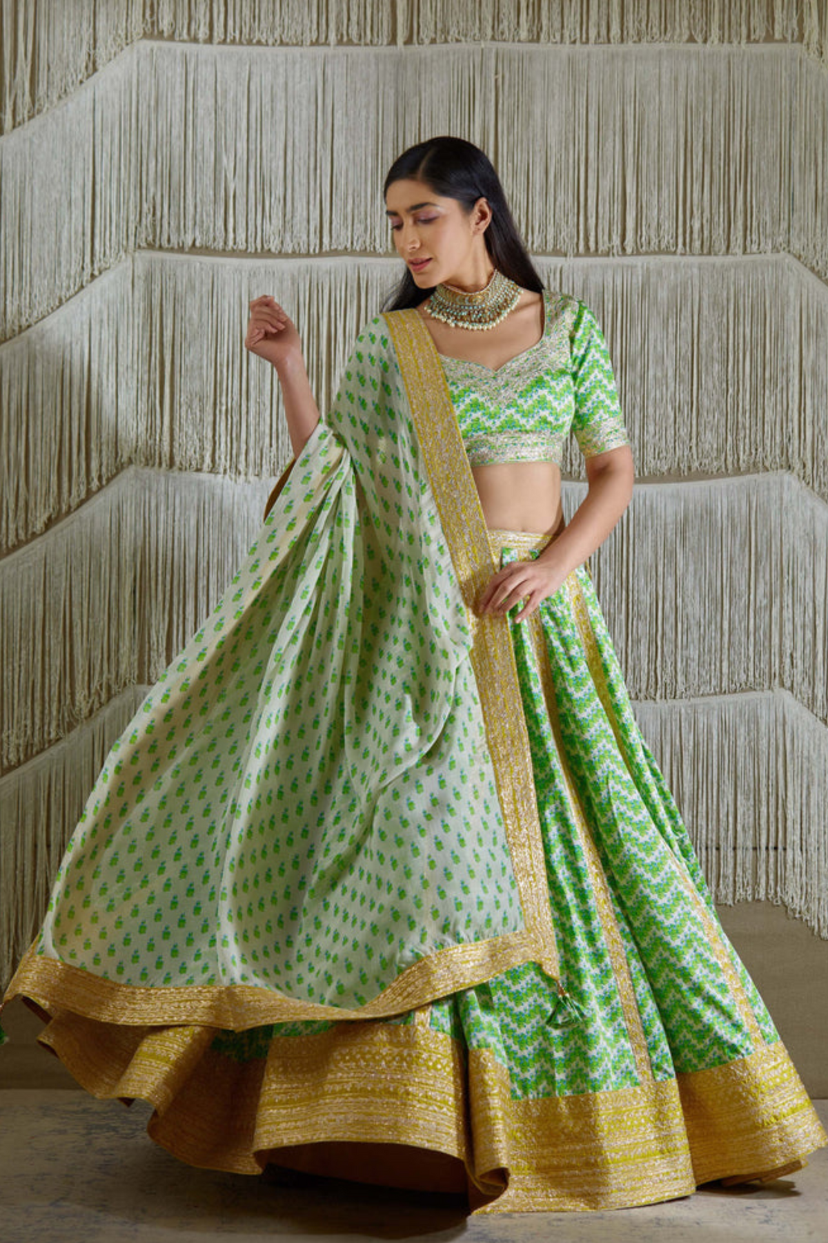 Green and yellow lehanga set